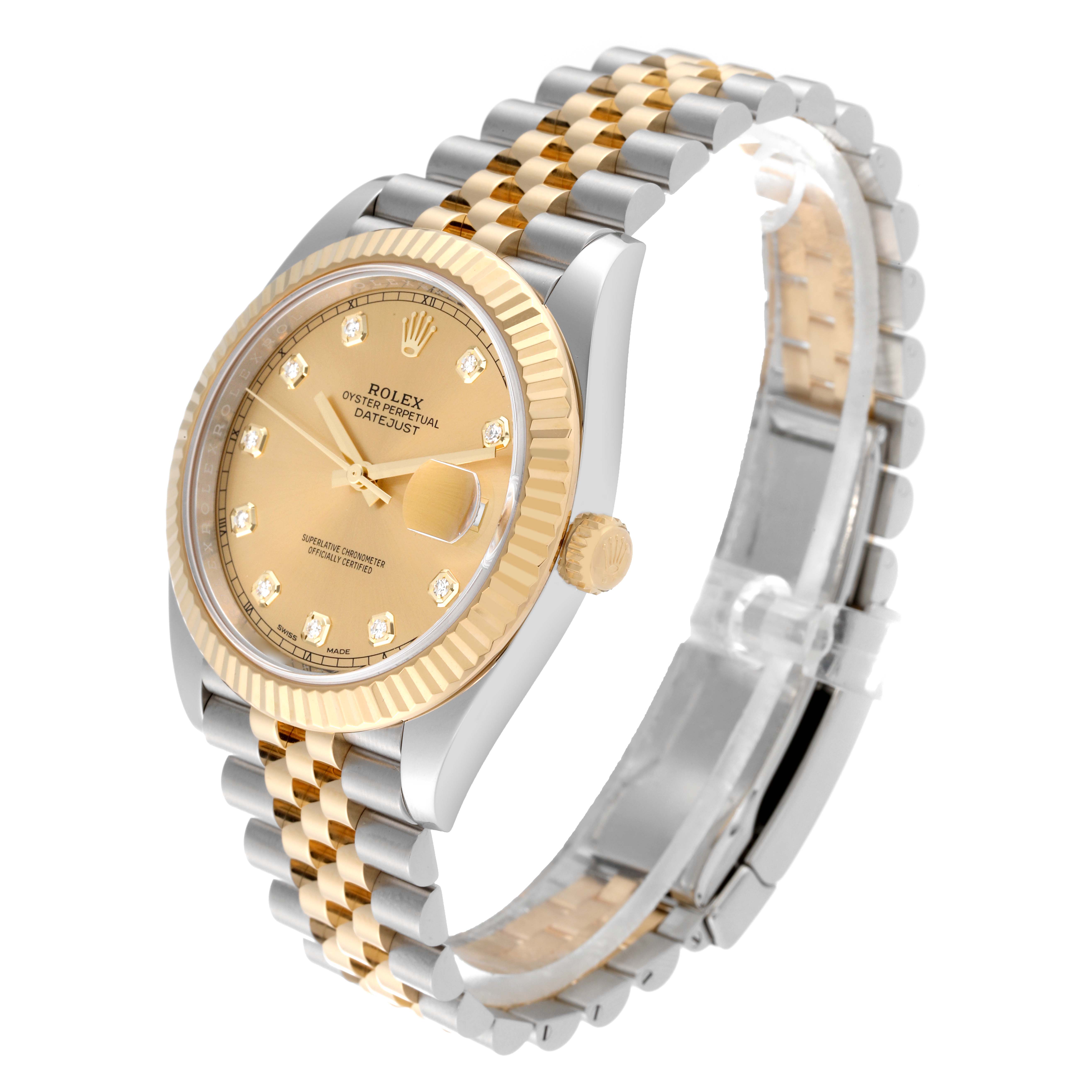 The image shows a Rolex Datejust 41 126333 Men's Steel and Gold (two tone) Champagne Dial 126333 Men's Steel and Gold (two tone) Champagne Dial watch at an angled top view, highlighting its dial, bezel, and two-tone bracelet.