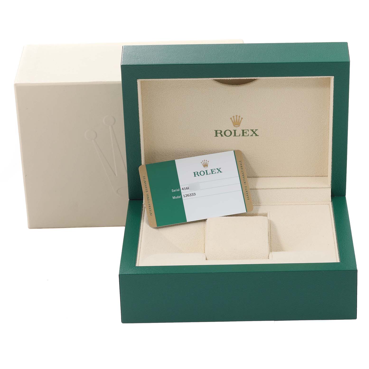 The image shows the packaging and certification card for a Rolex Datejust 41 126333 Men's Steel and Gold (two tone) Champagne Dial 126333 Men's Steel and Gold (two tone) Champagne Dial model, with an open green and beige watch box.