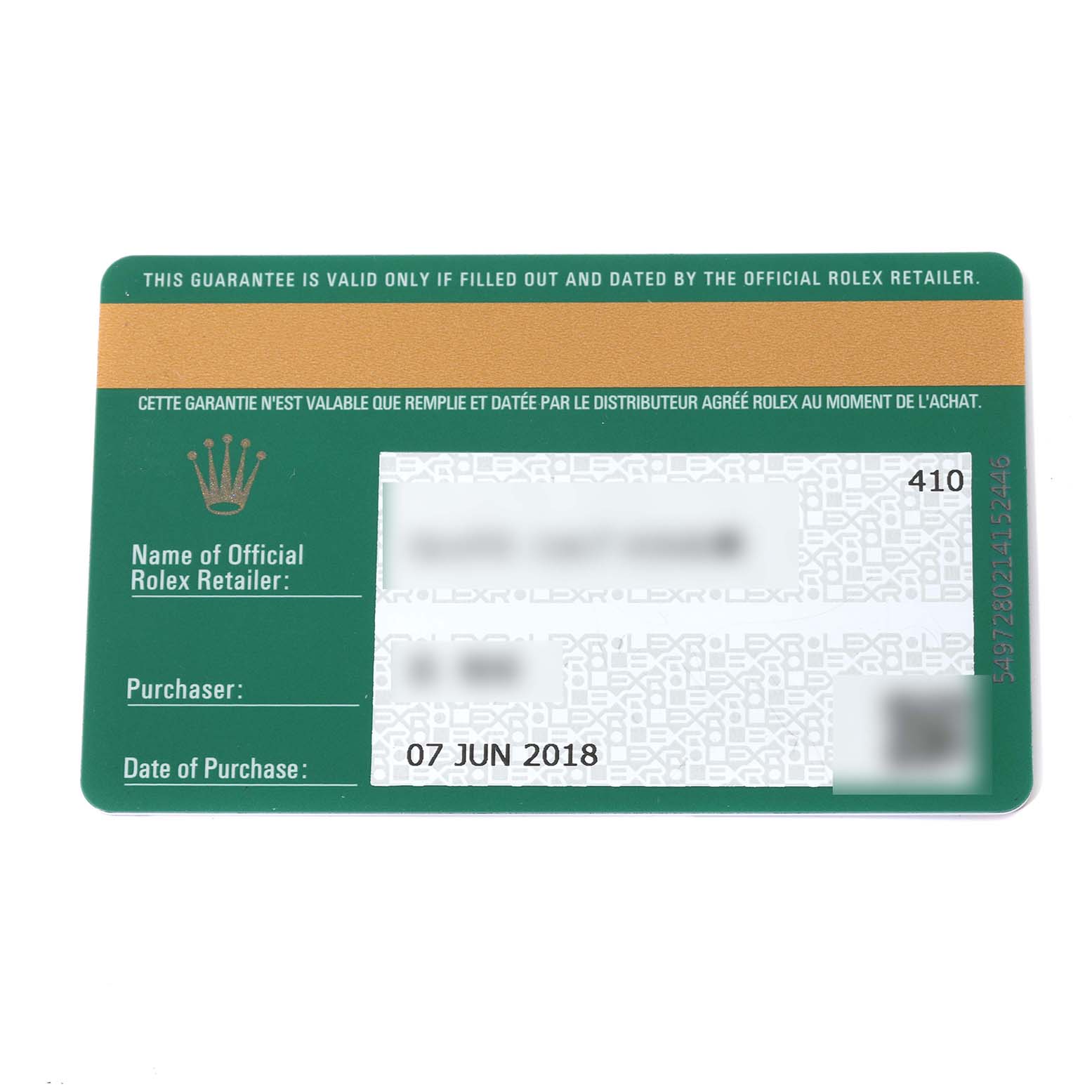 This image shows a warranty card for the Rolex Datejust 41 126333 Men's Steel and Gold (two tone) Champagne Dial 126333 Men's Steel and Gold (two tone) Champagne Dial, including details like the purchase date and retailer information.