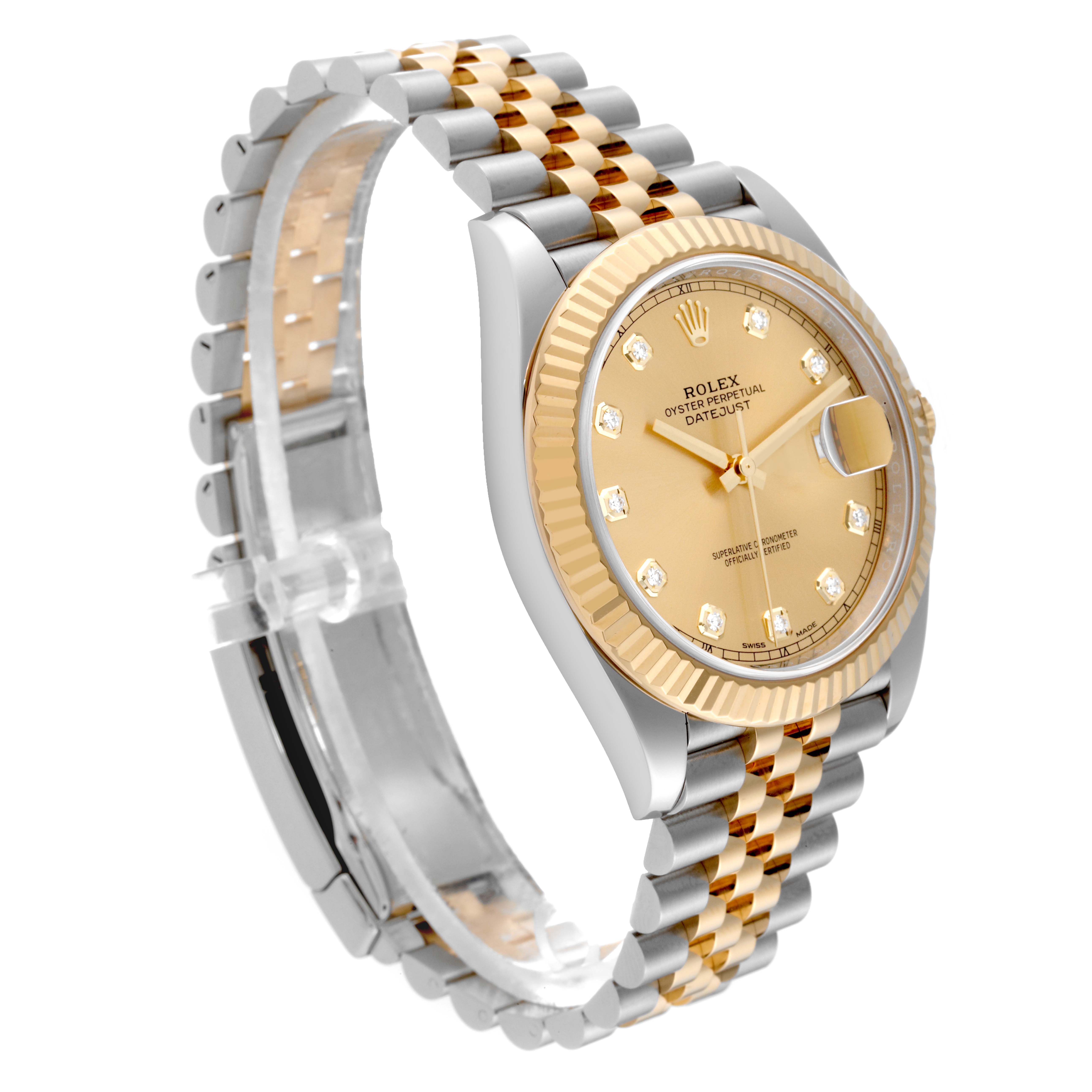 The image shows a Rolex Datejust 41 126333 Men's Steel and Gold (two tone) Champagne Dial 126333 Men's Steel and Gold (two tone) Champagne Dial watch from a three-quarter angle, highlighting its two-tone bracelet, fluted bezel, and diamond hour markers.
