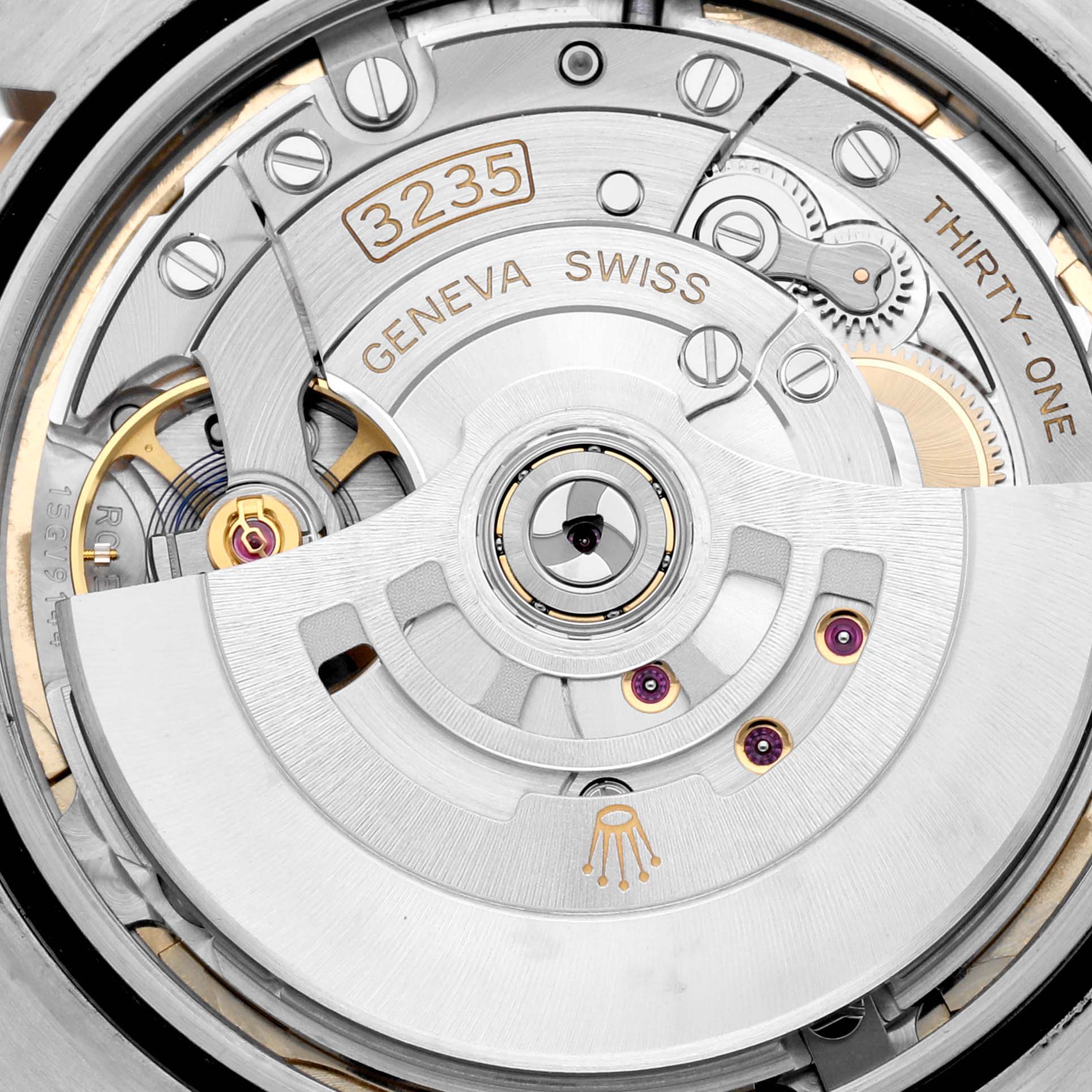 This is a close-up view of the movement mechanism of a Rolex Datejust 41 126333 Men's Steel and Gold (two tone) Champagne Dial 126333 Men's Steel and Gold (two tone) Champagne Dial model, showcasing the caliber 3235.