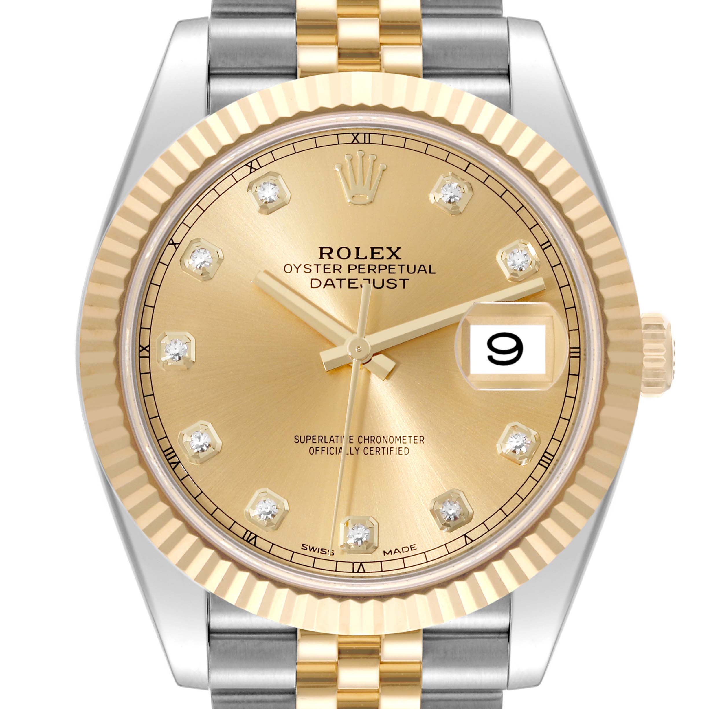 The image shows a Rolex Datejust 41 126333 Men's Steel and Gold (two tone) Champagne Dial 126333 Men's Steel and Gold (two tone) Champagne Dial watch face-on, displaying its gold dial, fluted bezel, and two-tone Jubilee bracelet.