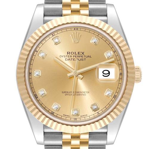 The image shows a Rolex Datejust 41 from a front angle, highlighting its gold dial, date window, and two-tone bracelet.