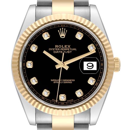 The image shows a front view of the Rolex Datejust 41 with a black dial, diamond hour markers, gold hands, and a fluted bezel.