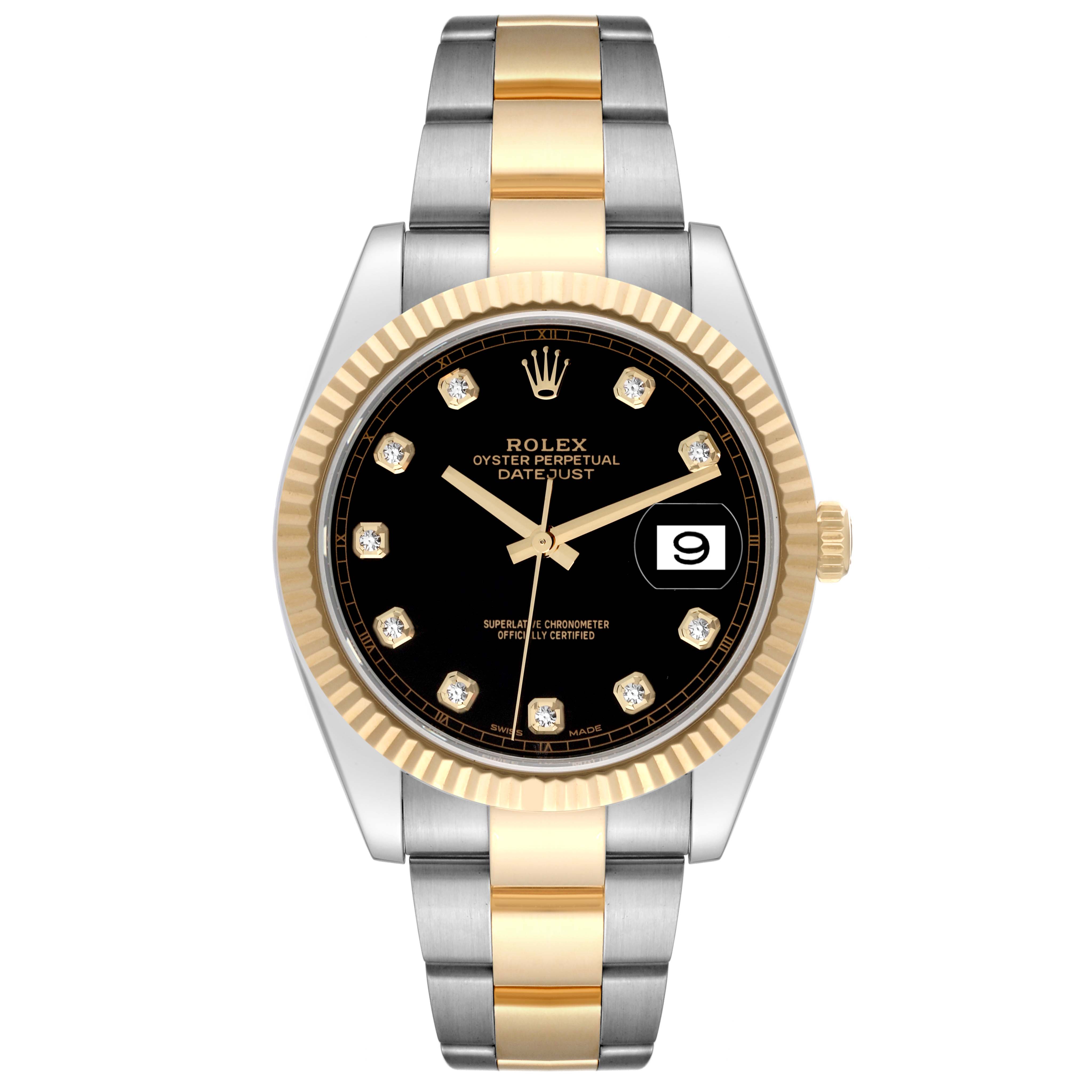 The image shows a frontal view of the Rolex Datejust 41 126333 Men's Steel and Gold (two tone) Black Dial 126333 Men's Steel and Gold (two tone) Black Dial watch with a two-tone bracelet, a black dial, and a fluted gold bezel.