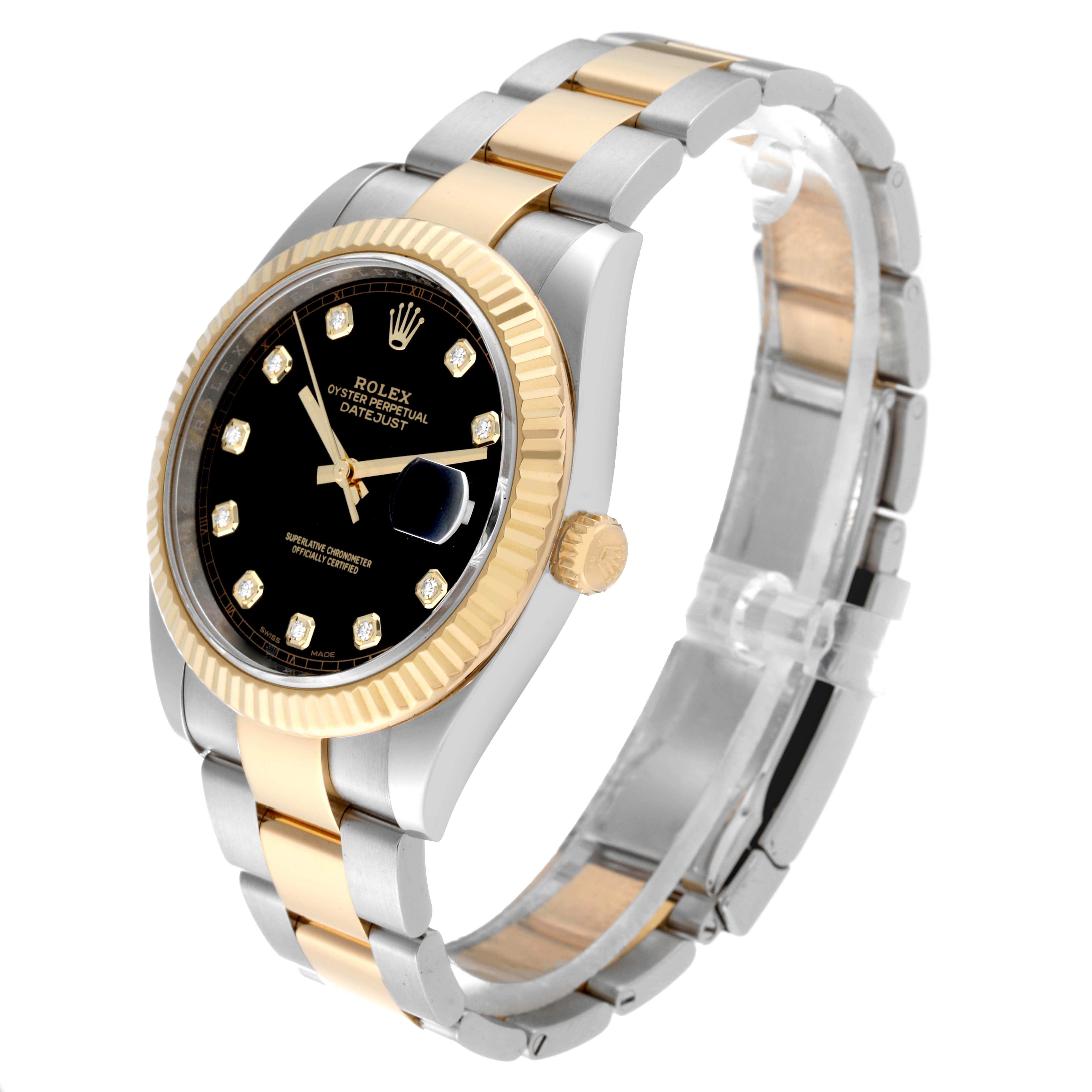 The image shows a Rolex Datejust 41 126333 Men's Steel and Gold (two tone) Black Dial 126333 Men's Steel and Gold (two tone) Black Dial watch in a three-quarter view, highlighting the black dial, diamond hour markers, and two-tone bracelet.