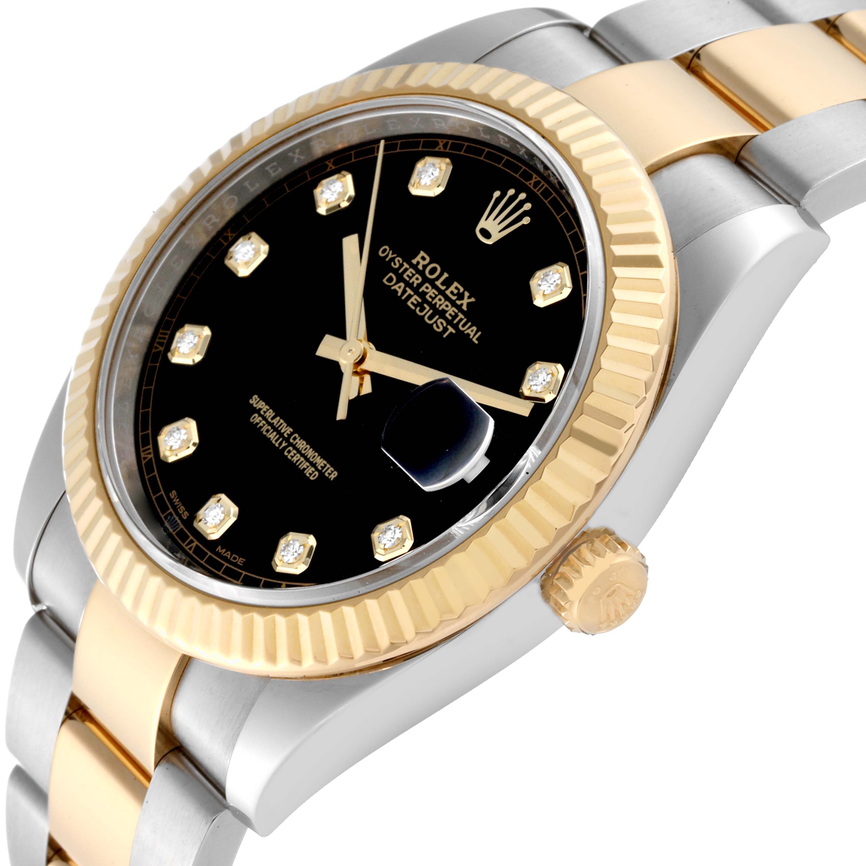 This image shows the Rolex Datejust 41 126333 Men's Steel and Gold (two tone) Black Dial 126333 Men's Steel and Gold (two tone) Black Dial watch from a side angle highlighting its black dial, fluted bezel, and two-tone bracelet.
