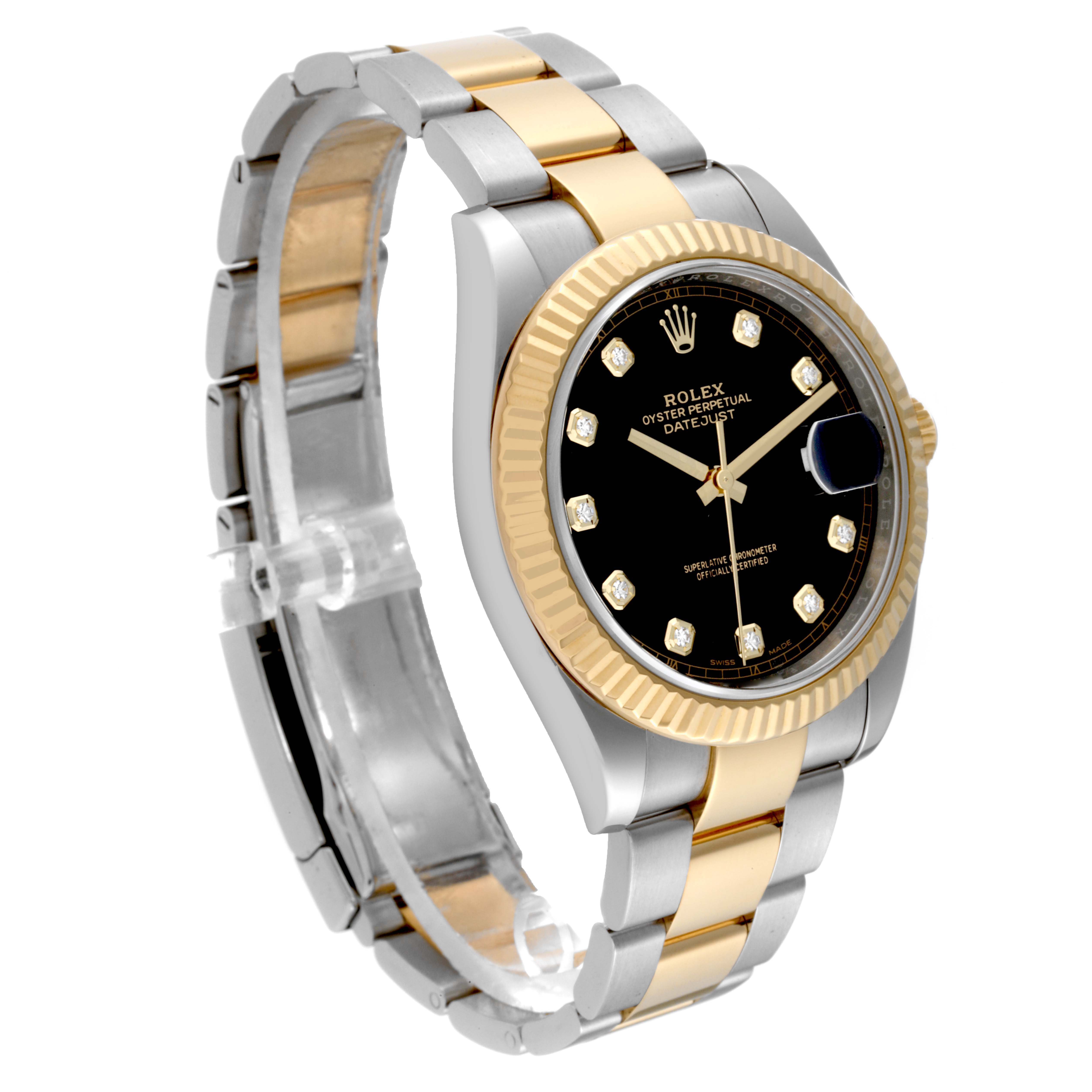 The Datejust 41 by Rolex is shown at a three-quarter angle, highlighting the two-tone bracelet, fluted bezel, and black dial with diamond hour markers.