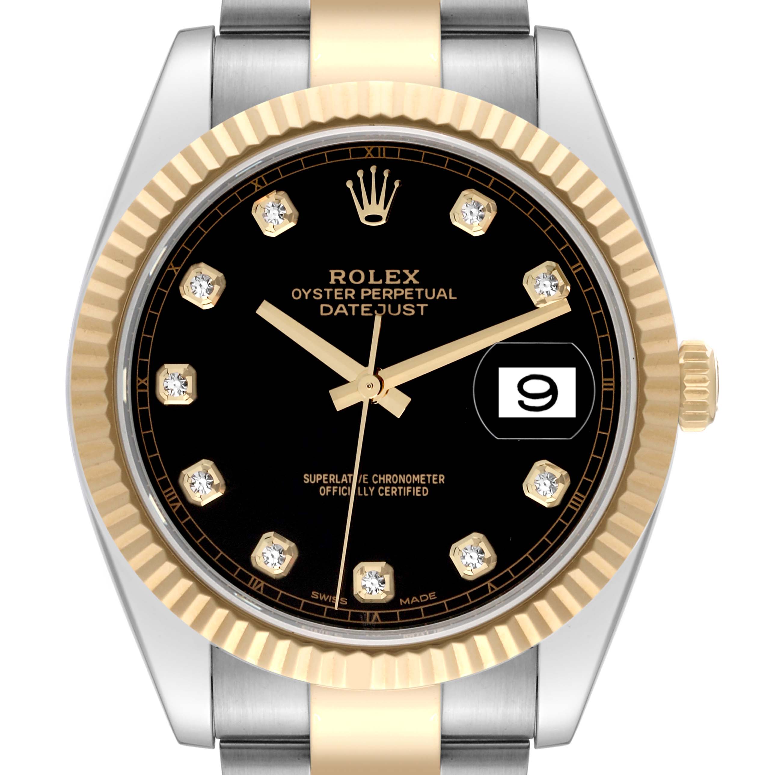 The image shows a Rolex Datejust 41 126333 Men's Steel and Gold (two tone) Black Dial 126333 Men's Steel and Gold (two tone) Black Dial watch from a front angle, highlighting its black dial, fluted bezel, and two-tone bracelet.