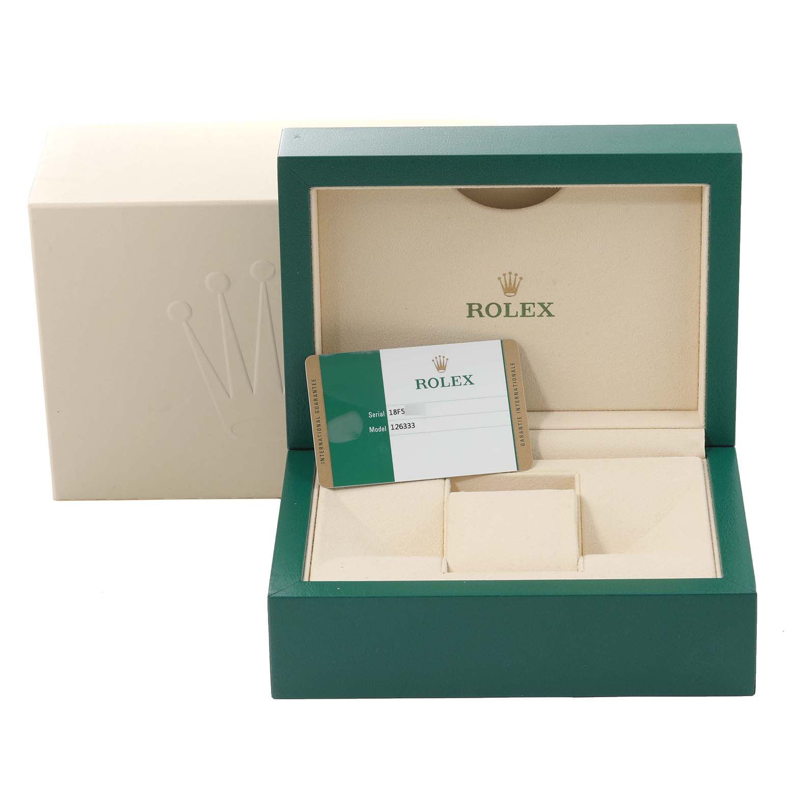 The image shows the box and warranty card for a Rolex Datejust 41 126333 Men's Steel and Gold (two tone) Black Dial 126333 Men's Steel and Gold (two tone) Black Dial model, with the box open.
