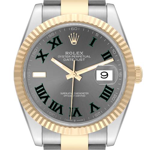 The image shows a front view of the Rolex Datejust 41 watch, highlighting the dial, hands, date window, bezel, and crown.