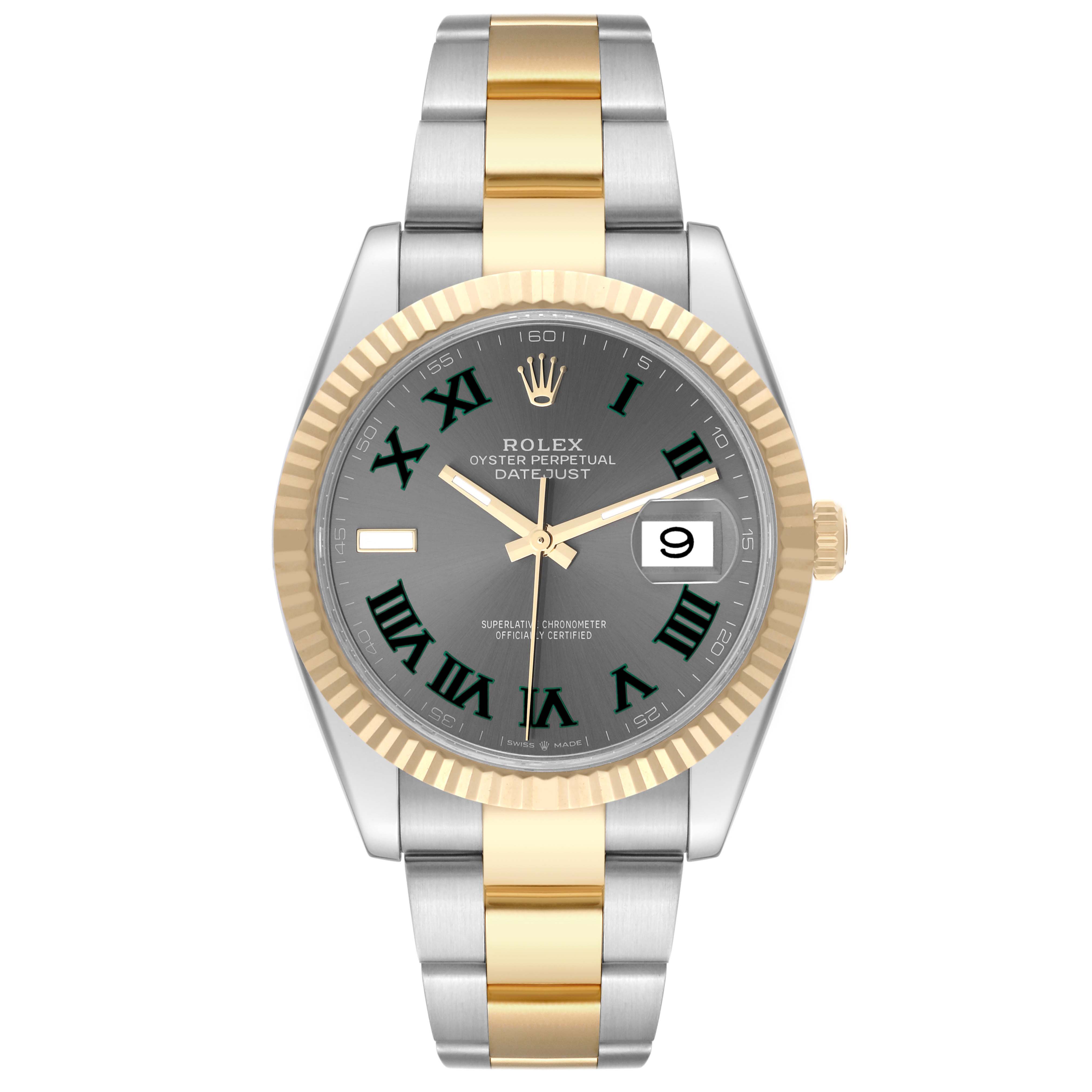 The image shows a front-facing view of a Rolex Datejust 41 126333 Men's Steel and Gold (two tone) Grey Dial 126333 Men's Steel and Gold (two tone) Grey Dial watch with a two-tone bracelet and a gray dial.