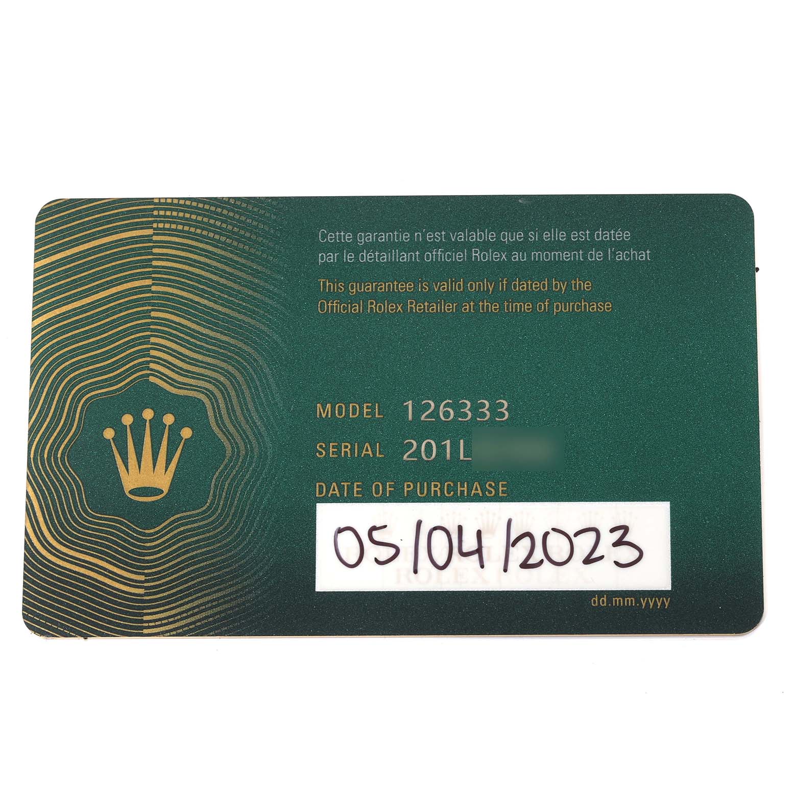This image shows a guarantee card for a Rolex Datejust 41 126333 Men's Steel and Gold (two tone) Grey Dial 126333 Men's Steel and Gold (two tone) Grey Dial model, including the model number 126333 and the date of purchase.