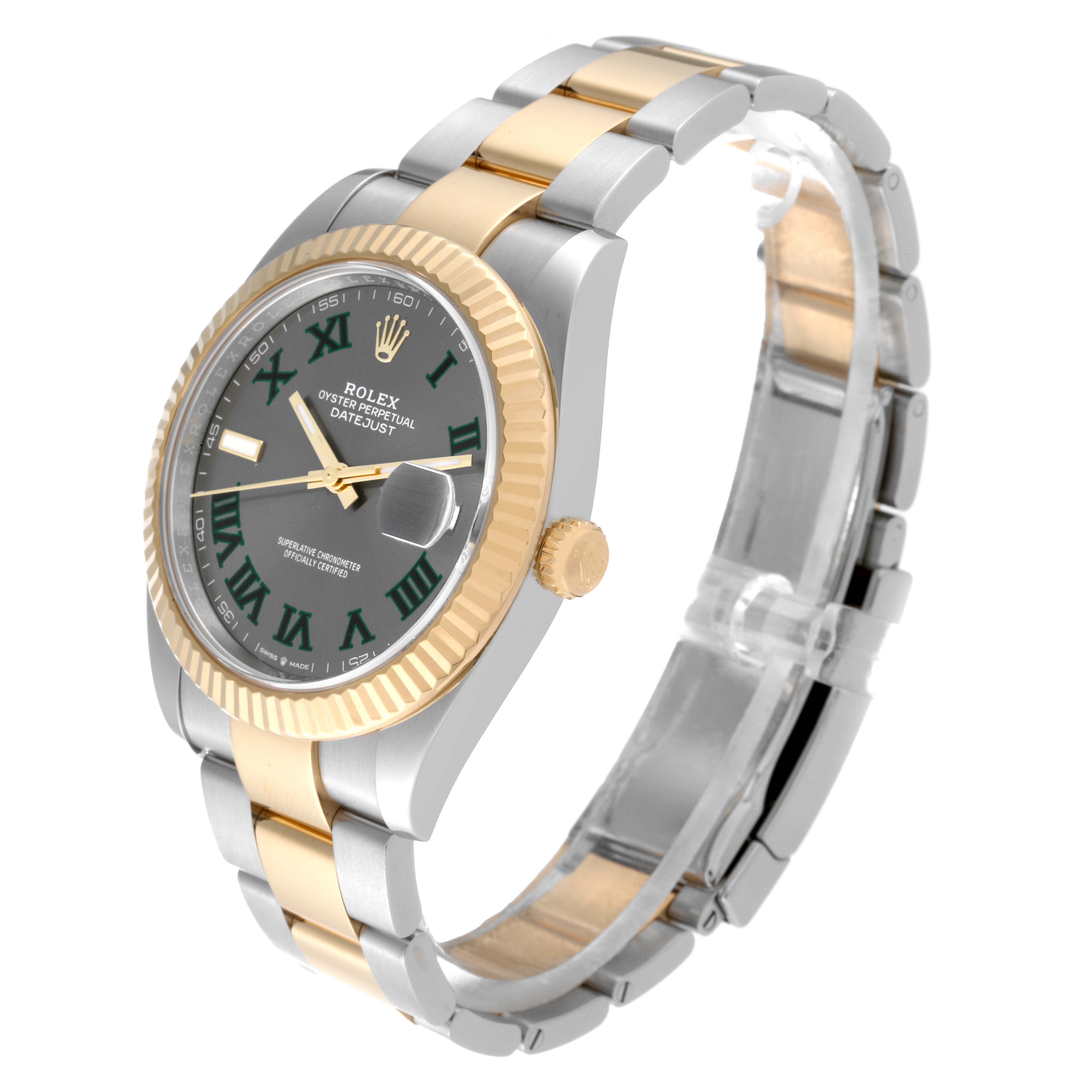 The Rolex Datejust 41 126333 Men's Steel and Gold (two tone) Grey Dial 126333 Men's Steel and Gold (two tone) Grey Dial watch is shown at a three-quarter angle, highlighting its gold bezel, crown, and two-tone bracelet.