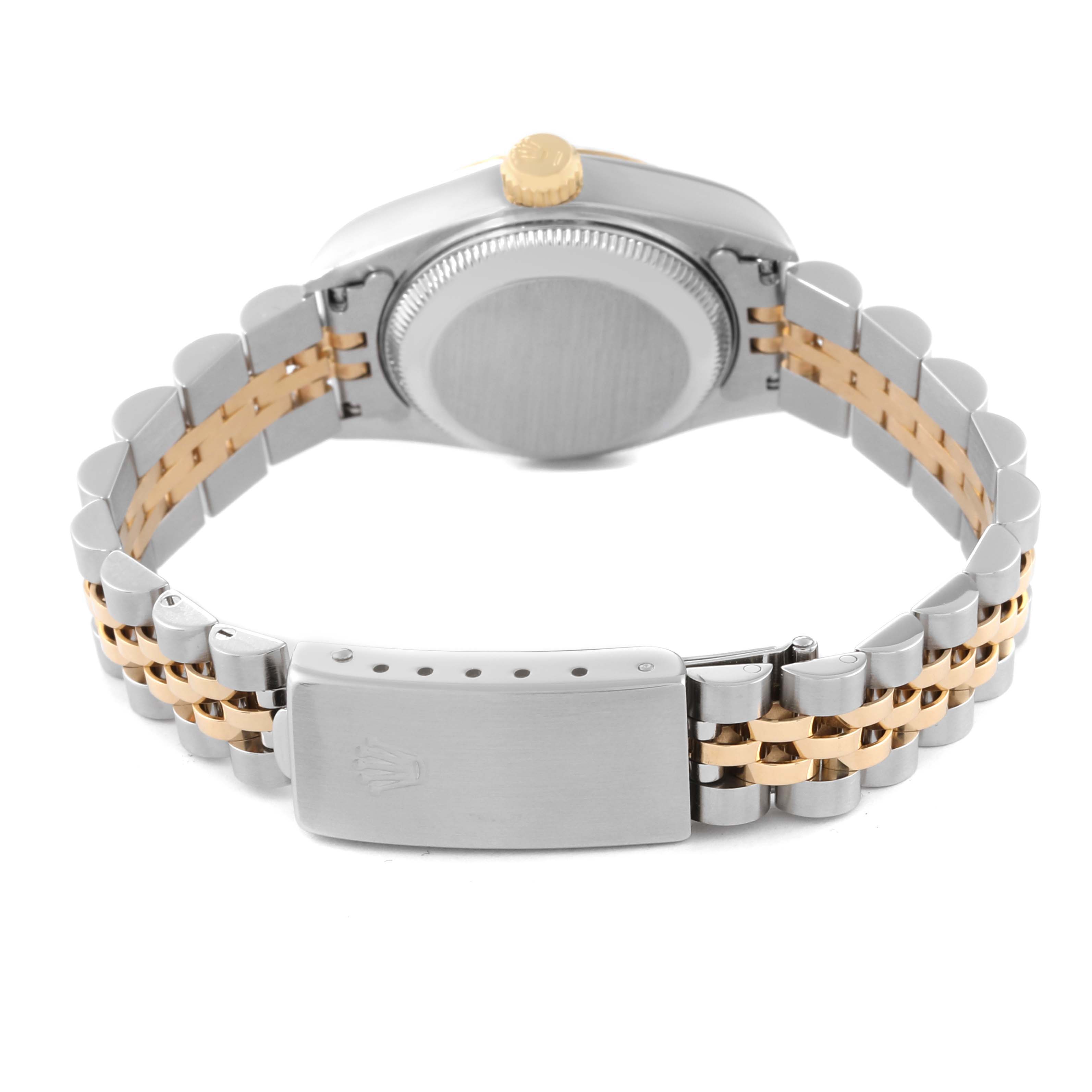 The Rolex Datejust 69173 Women's Steel and Gold (two tone) Champagne Dial 69173 Women's Steel and Gold (two tone) Champagne Dial watch is shown from the rear, displaying the bracelet, clasp, and case back.