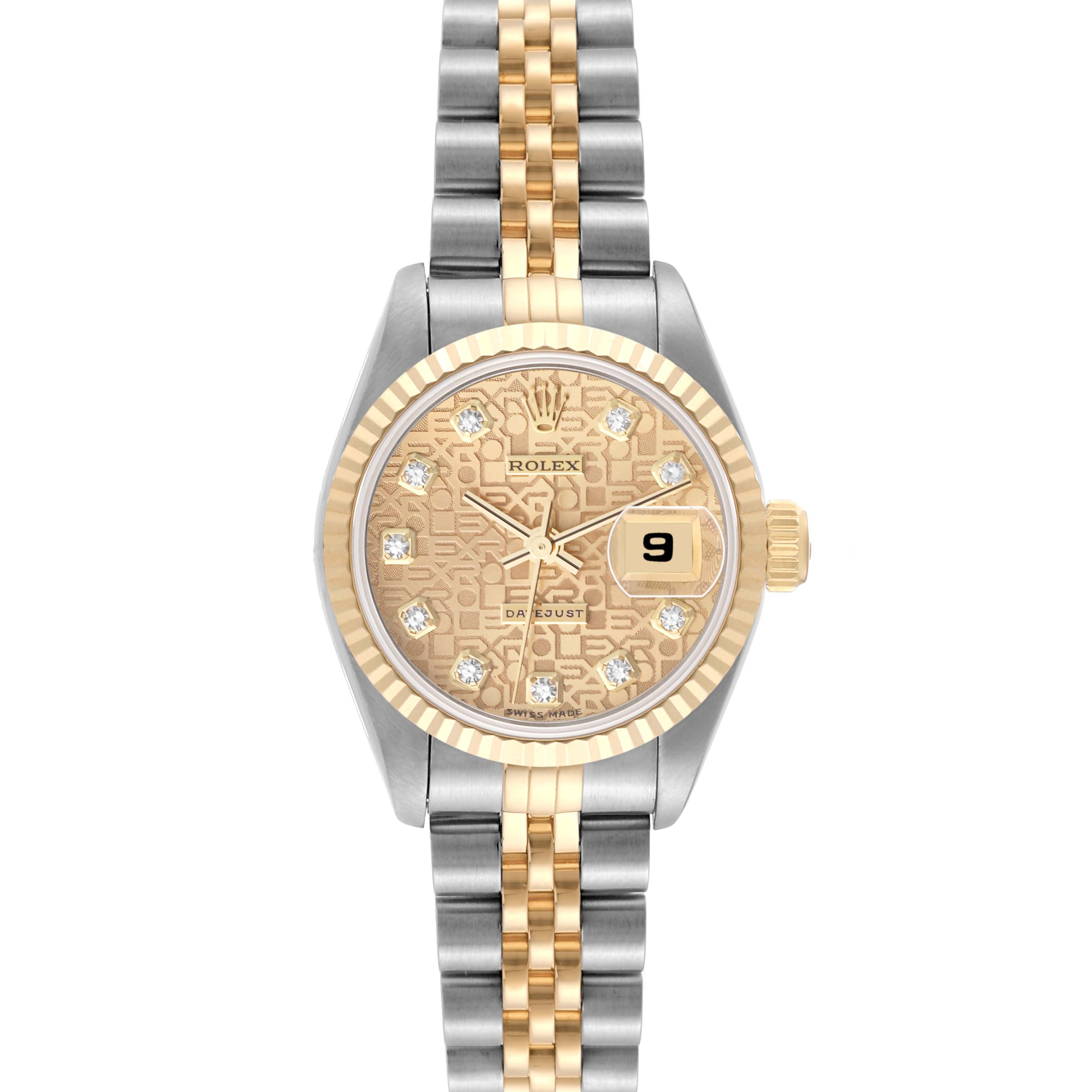This is a front view of a Rolex Datejust 69173 Women's Steel and Gold (two tone) Champagne Dial 69173 Women's Steel and Gold (two tone) Champagne Dial watch showing the dial, bezel, and the two-tone bracelet.