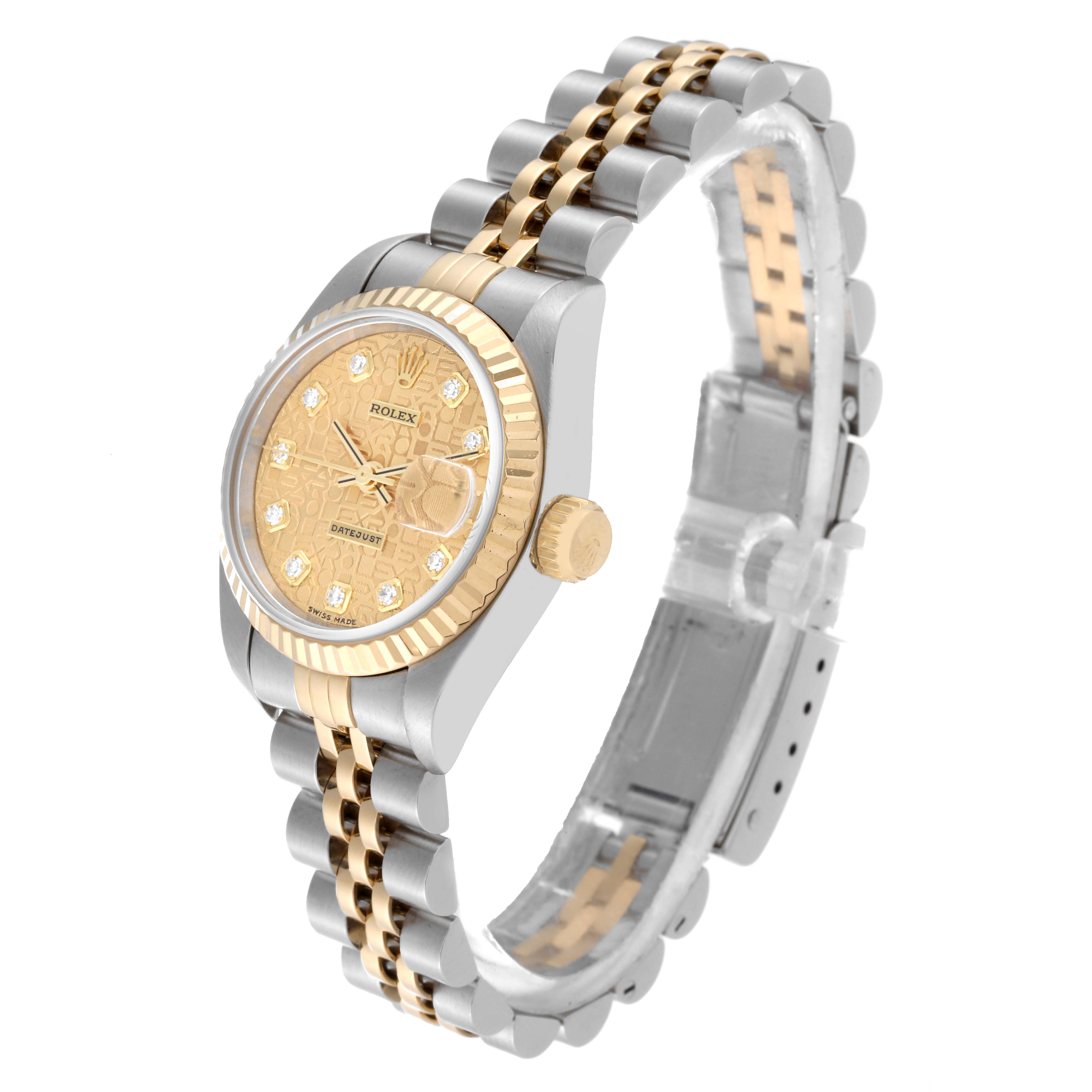 This image shows a Rolex Datejust 69173 Women's Steel and Gold (two tone) Champagne Dial 69173 Women's Steel and Gold (two tone) Champagne Dial watch at a three-quarter angle, showcasing the bezel, dial, crown, and bracelet.