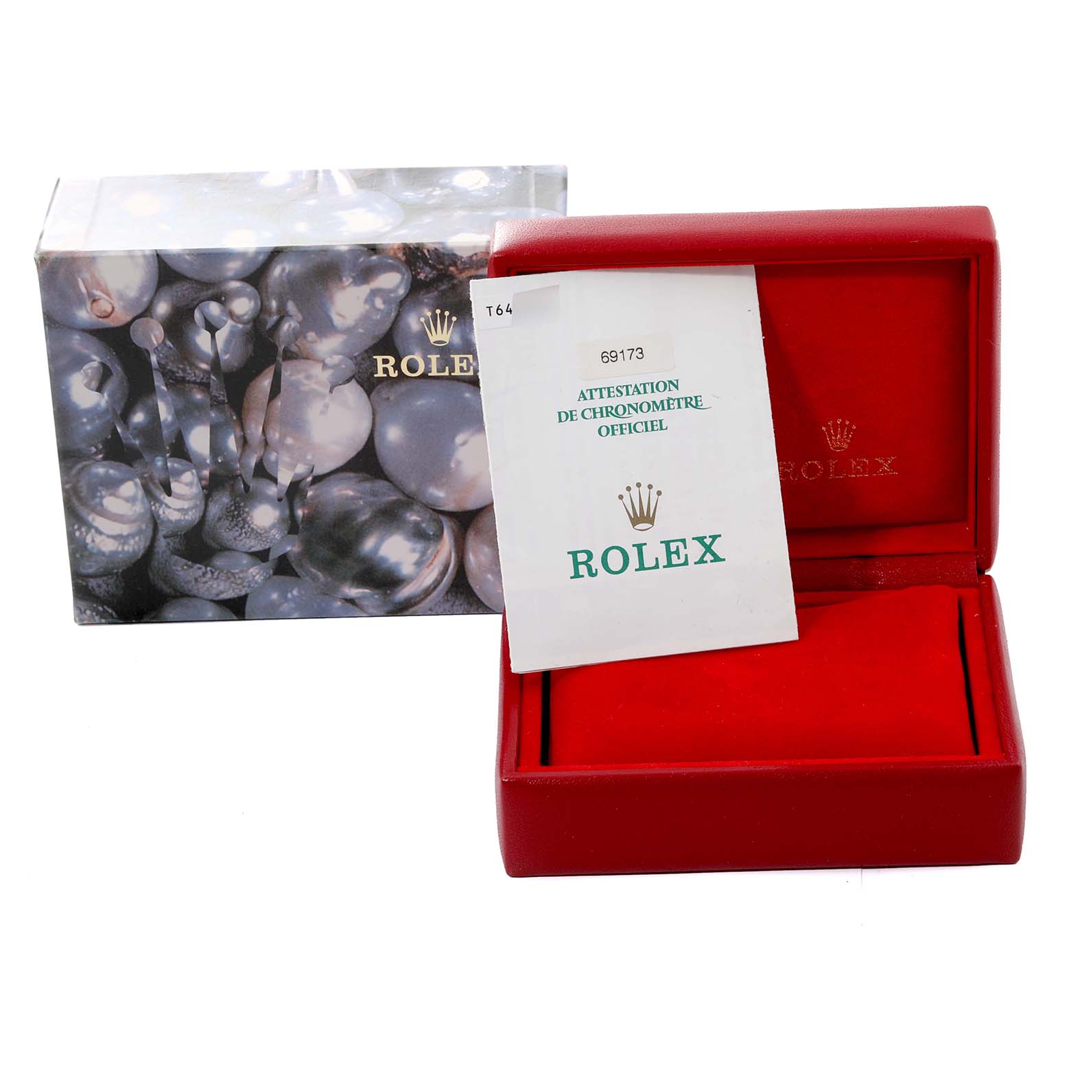 The image shows the packaging and documentation for a Rolex Datejust 69173 Women's Steel and Gold (two tone) Champagne Dial 69173 Women's Steel and Gold (two tone) Champagne Dial model, including a watch box and an official certificate.