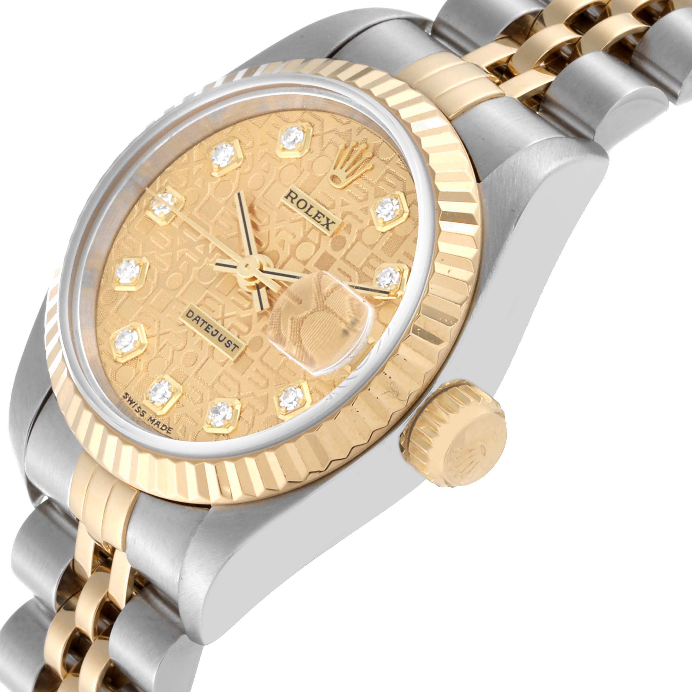 This image shows a Rolex Datejust 69173 Women's Steel and Gold (two tone) Champagne Dial 69173 Women's Steel and Gold (two tone) Champagne Dial watch at an angle, highlighting its crown, bezel, dial, and part of the bracelet.
