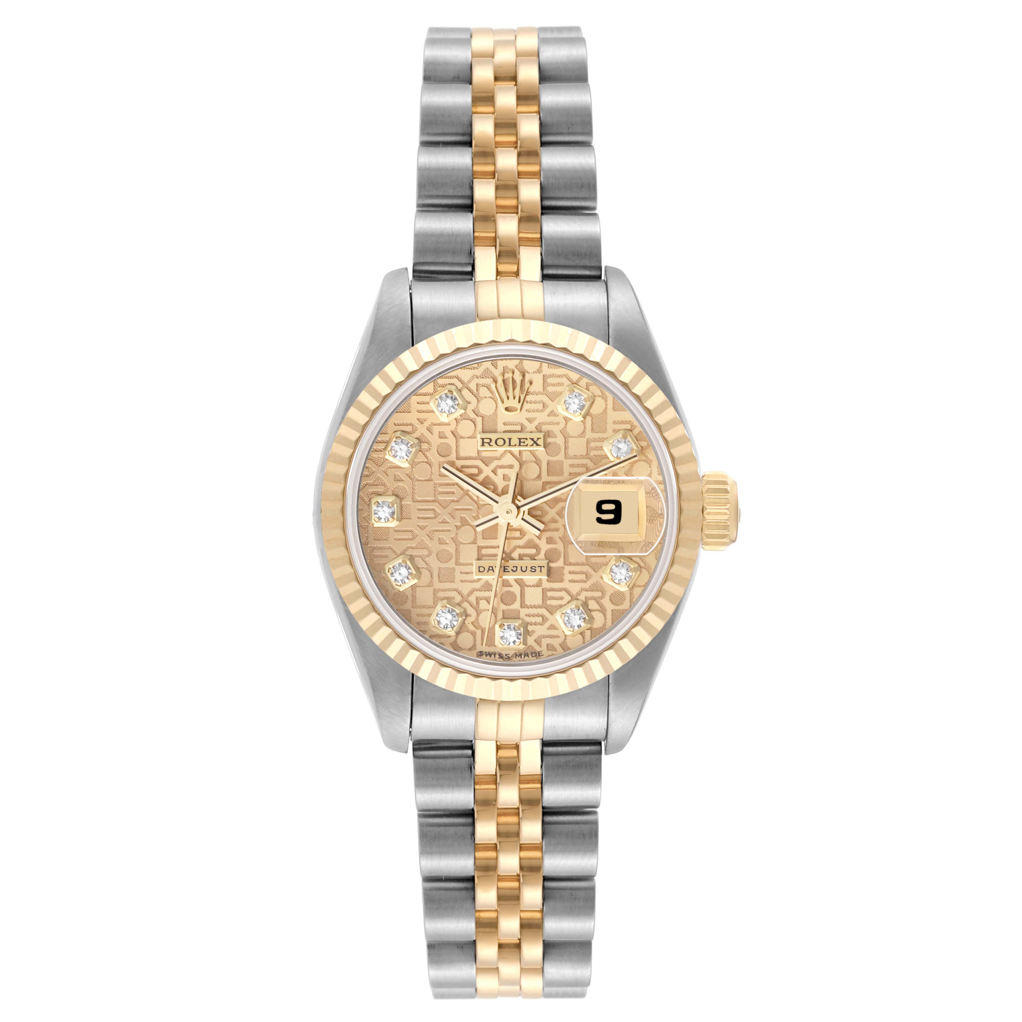 This image shows a front view of a Rolex Datejust 69173 Women's Steel and Gold (two tone) Champagne Dial 69173 Women's Steel and Gold (two tone) Champagne Dial watch highlighting its dial, bezel, bracelet, and clasp.