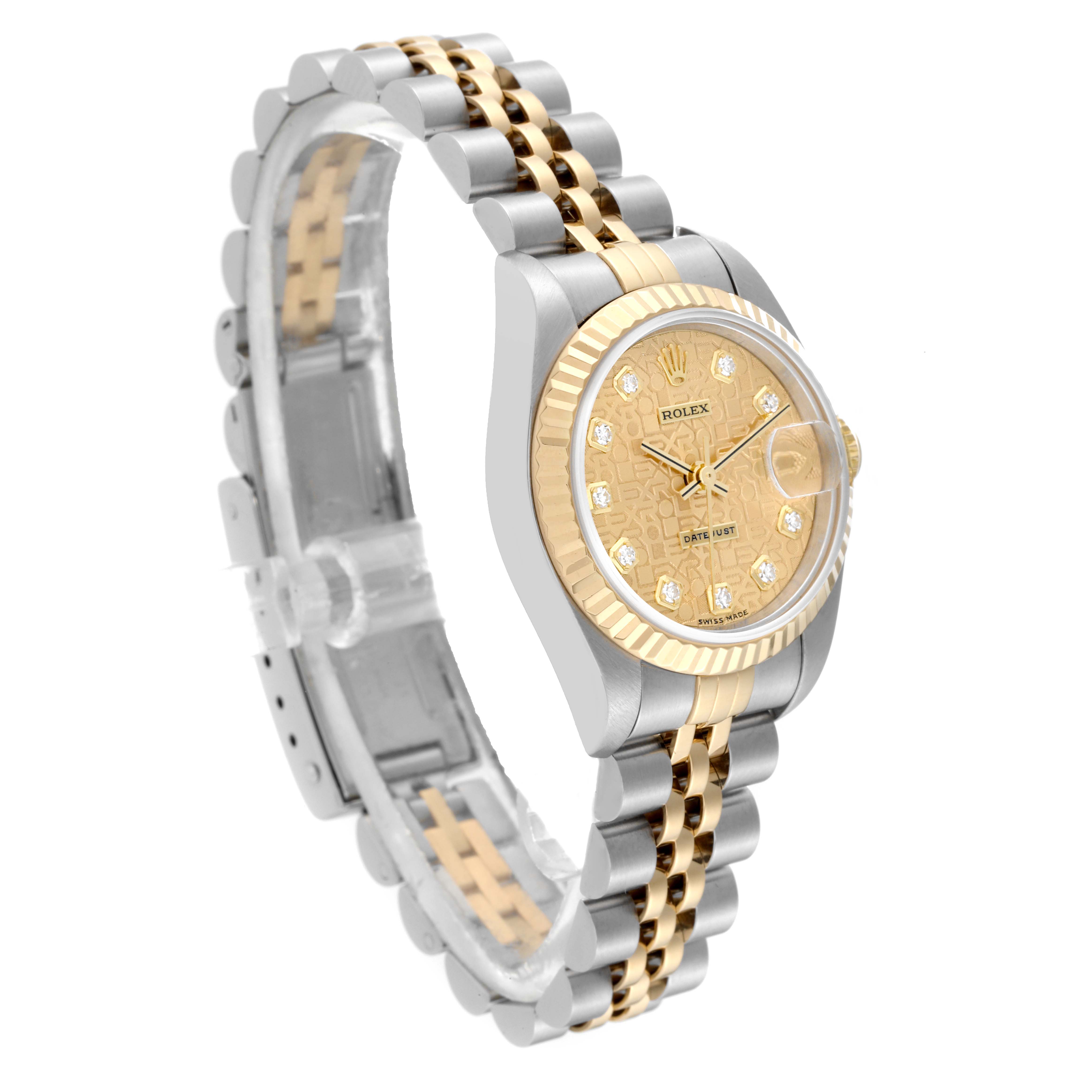 This image shows a Rolex Datejust 69173 Women's Steel and Gold (two tone) Champagne Dial 69173 Women's Steel and Gold (two tone) Champagne Dial watch at a slight angle, highlighting its two-tone bracelet, bezel, and dial with diamond hour markers.