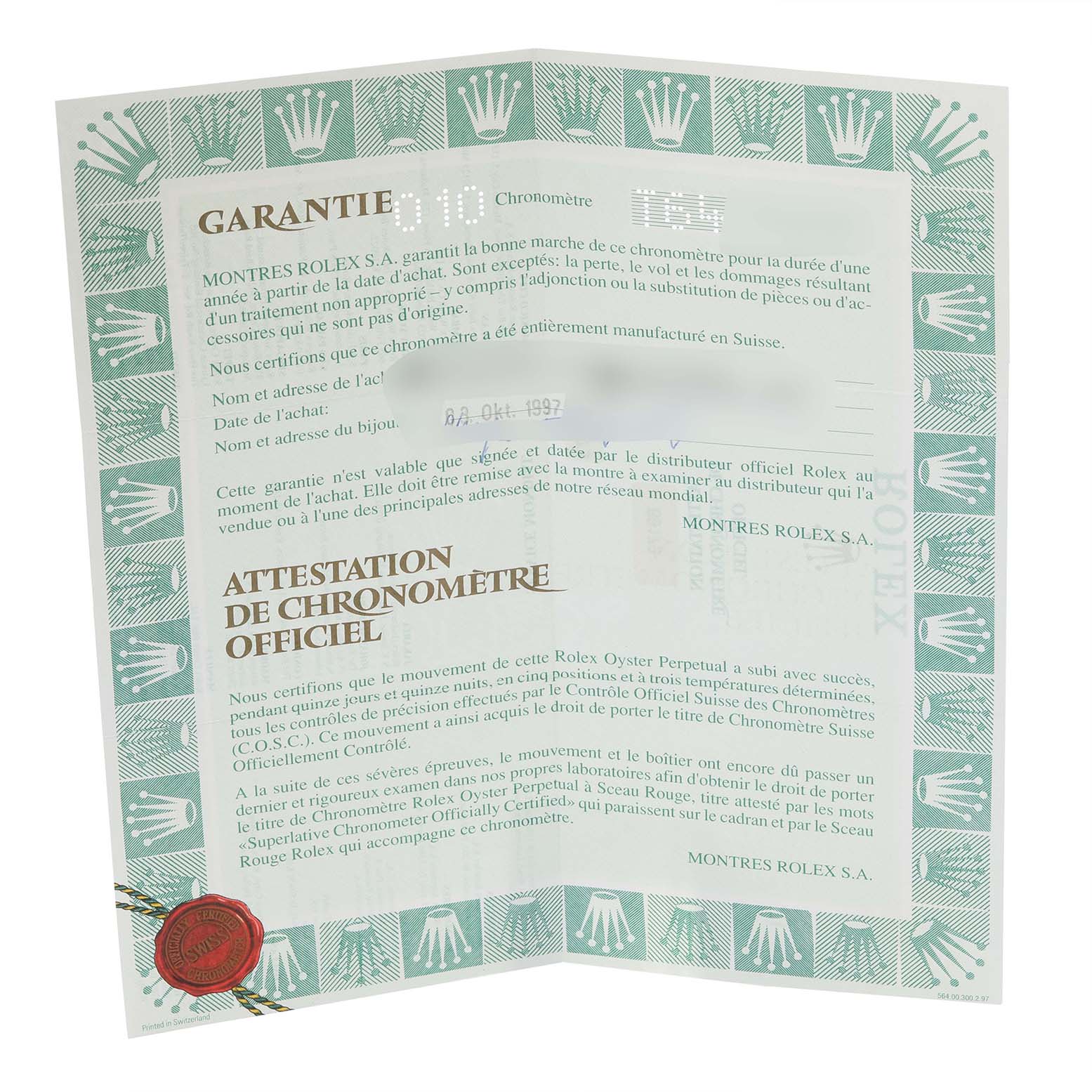 This image shows the guarantee and official chronometer certification papers for a Rolex Datejust 69173 Women's Steel and Gold (two tone) Champagne Dial 69173 Women's Steel and Gold (two tone) Champagne Dial model.