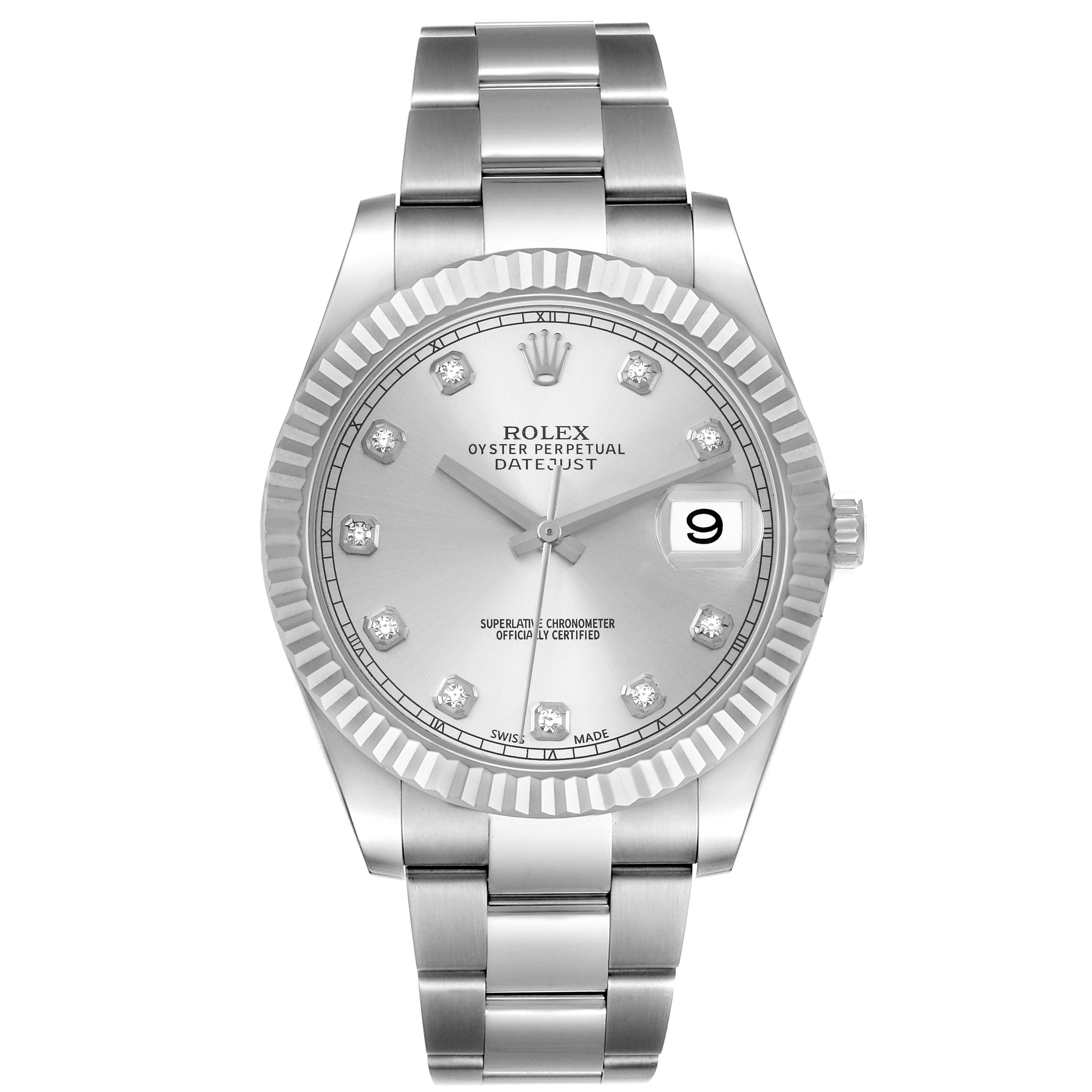 This image shows the front view of a Rolex Datejust 41 116334 Men
s Stainless Steel Silver Dial 116334 Men
s Stainless Steel Silver Dial watch, featuring its face, bezel, crown, and bracelet.