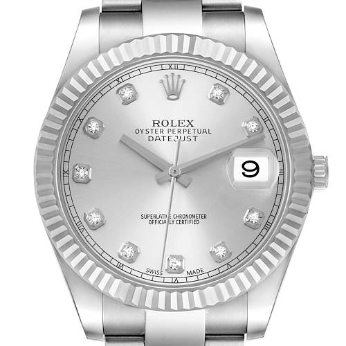 The image shows a front view of the Rolex Datejust 41 watch, highlighting the dial, bezel, and part of the bracelet.