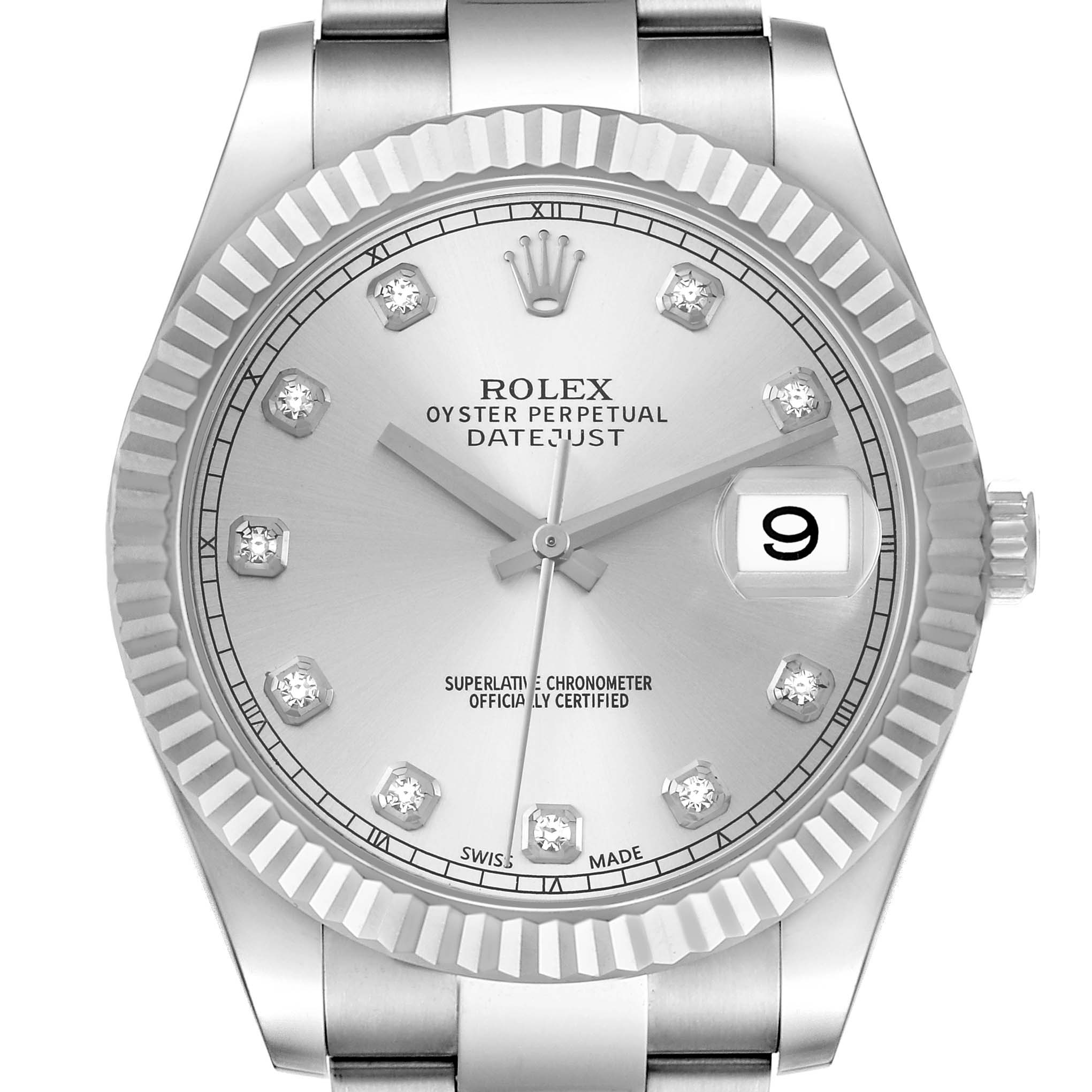 The image shows a front view of the Rolex Datejust 41 116334 Men
s Stainless Steel Silver Dial 116334 Men
s Stainless Steel Silver Dial with a silver dial, fluted bezel, and diamond hour markers.
