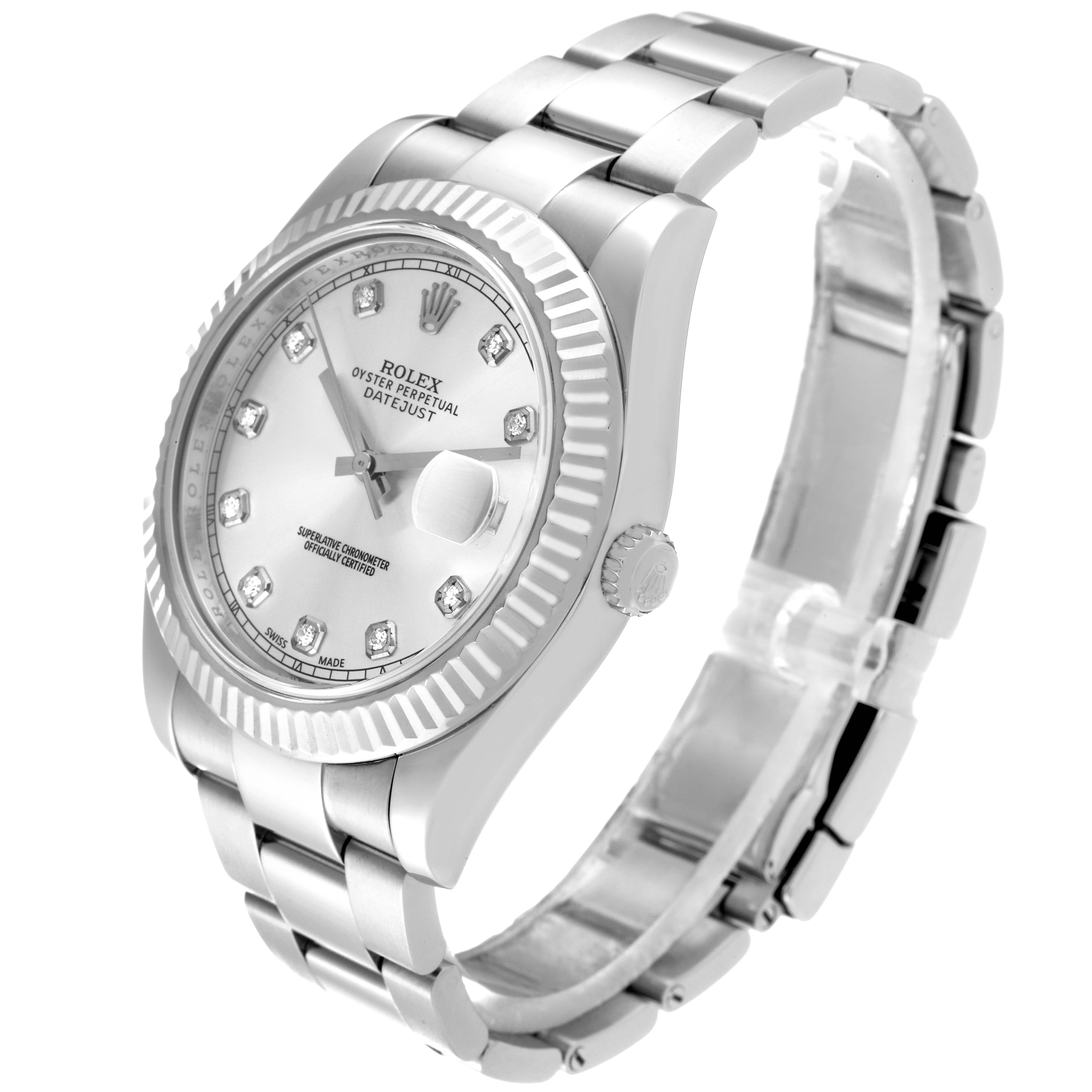 The Rolex Datejust 41 116334 Men
s Stainless Steel Silver Dial 116334 Men
s Stainless Steel Silver Dial watch is shown at a three-quarter angle highlighting its dial, bezel, crown, and bracelet.