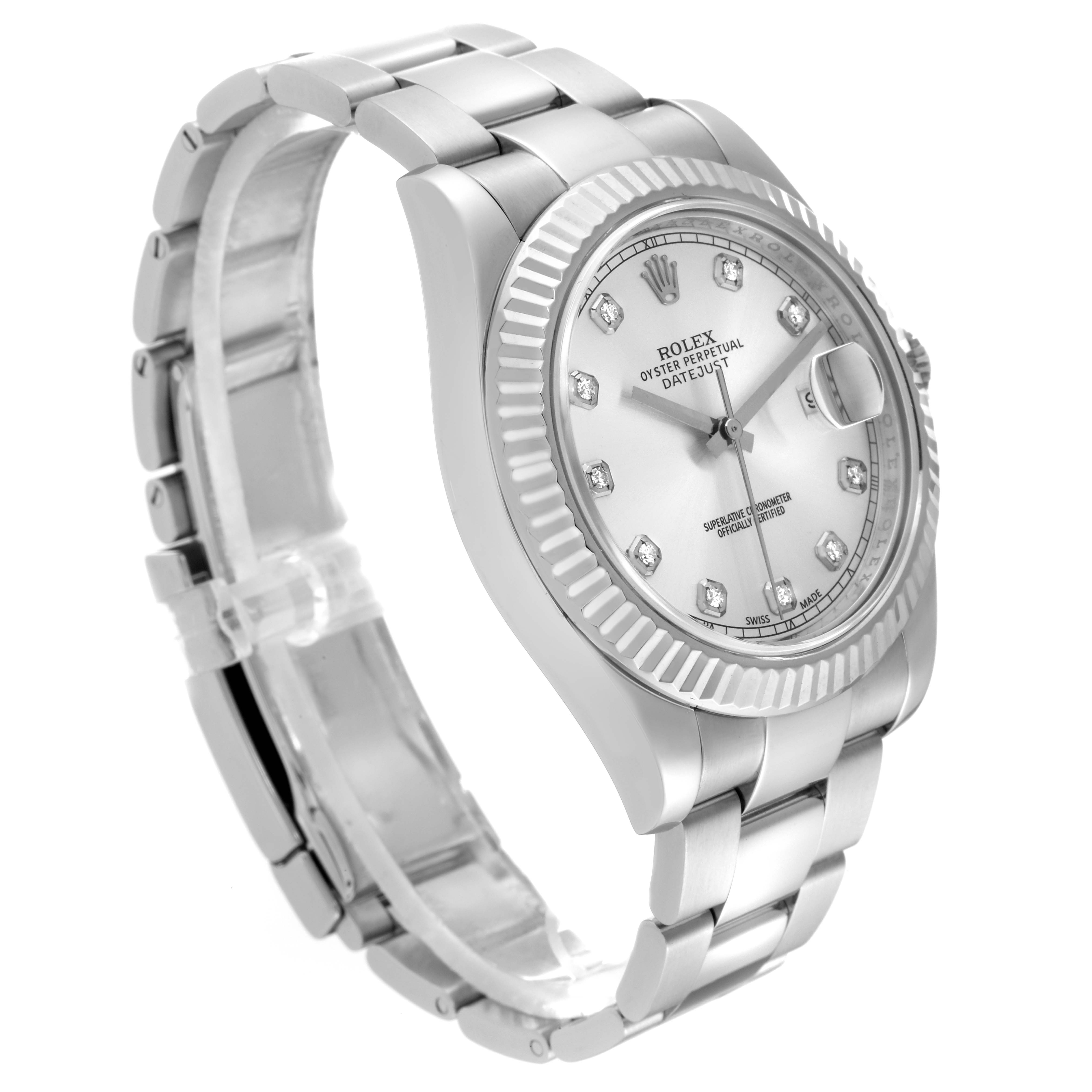 The Rolex Datejust 41 116334 Men
s Stainless Steel Silver Dial 116334 Men
s Stainless Steel Silver Dial watch is shown at an angle highlighting its dial, bezel, bracelet, and part of the clasp.