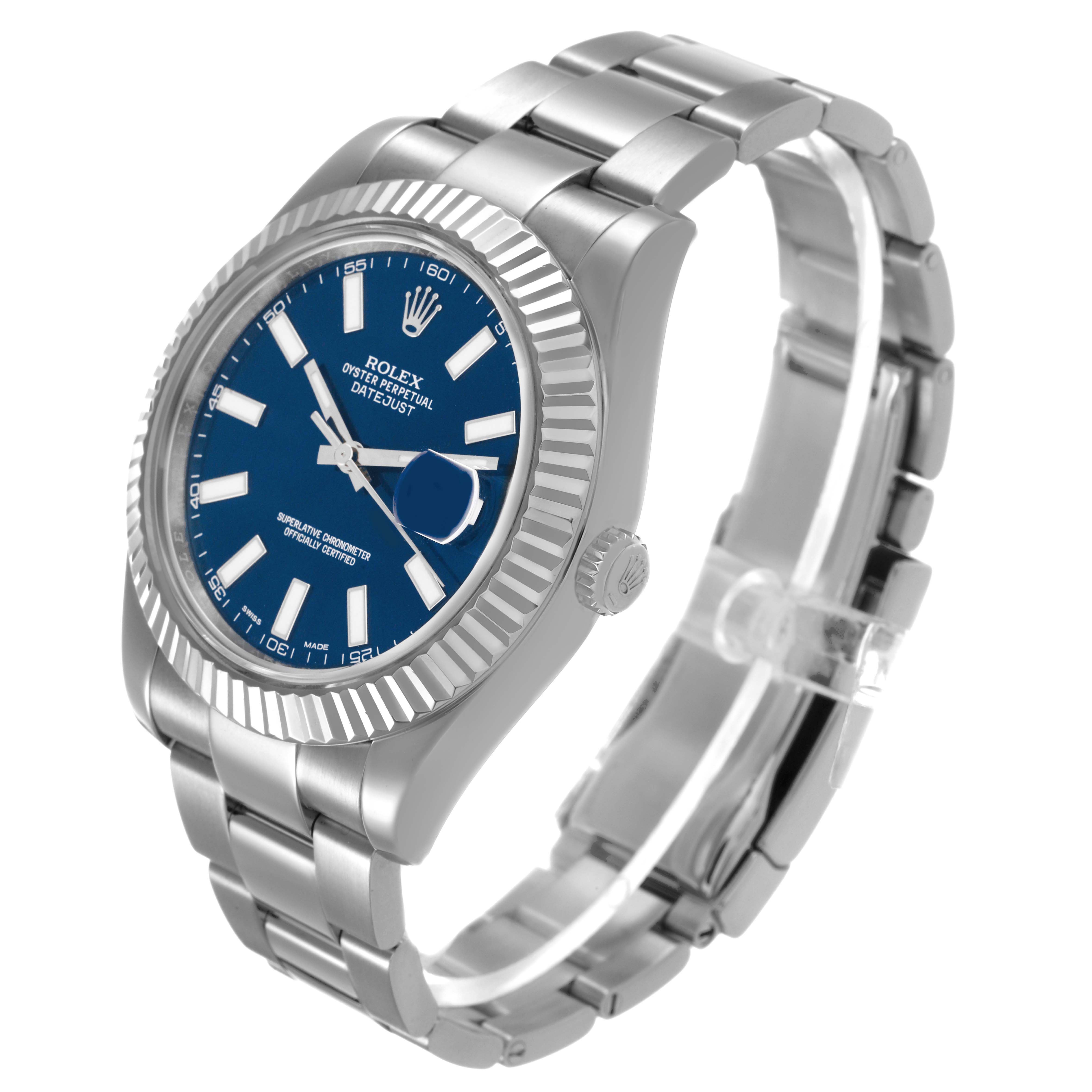The Rolex Datejust 41 116334 Men's Stainless Steel Blue Dial is shown at a three-quarter angle, highlighting the blue dial, fluted bezel, and oyster bracelet.