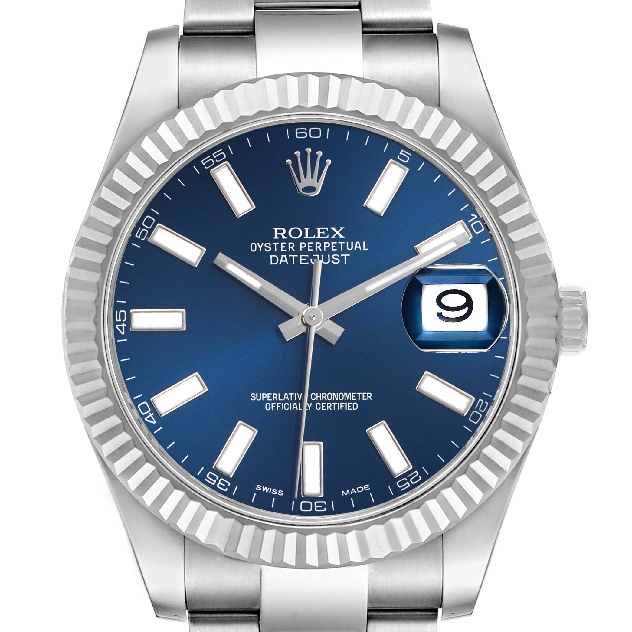 The Rolex Datejust 41 116334 Men's Stainless Steel Blue Dial is shown from the front, displaying the blue dial, fluted bezel, markers, hands, and date window.