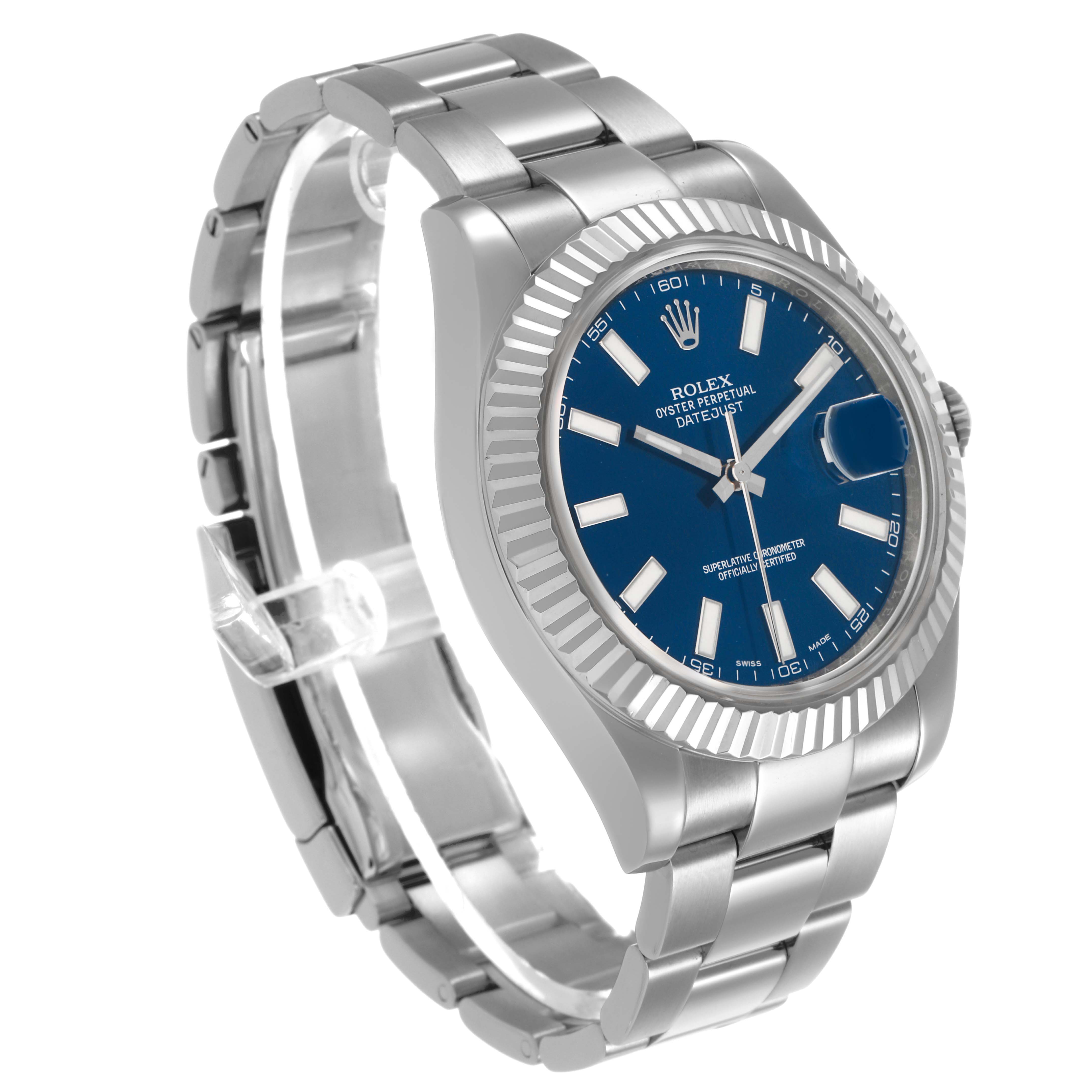 The Rolex Datejust 41 116334 Men's Stainless Steel Blue Dial is shown in a three-quarter angle, highlighting the blue dial, fluted bezel, and oyster bracelet.