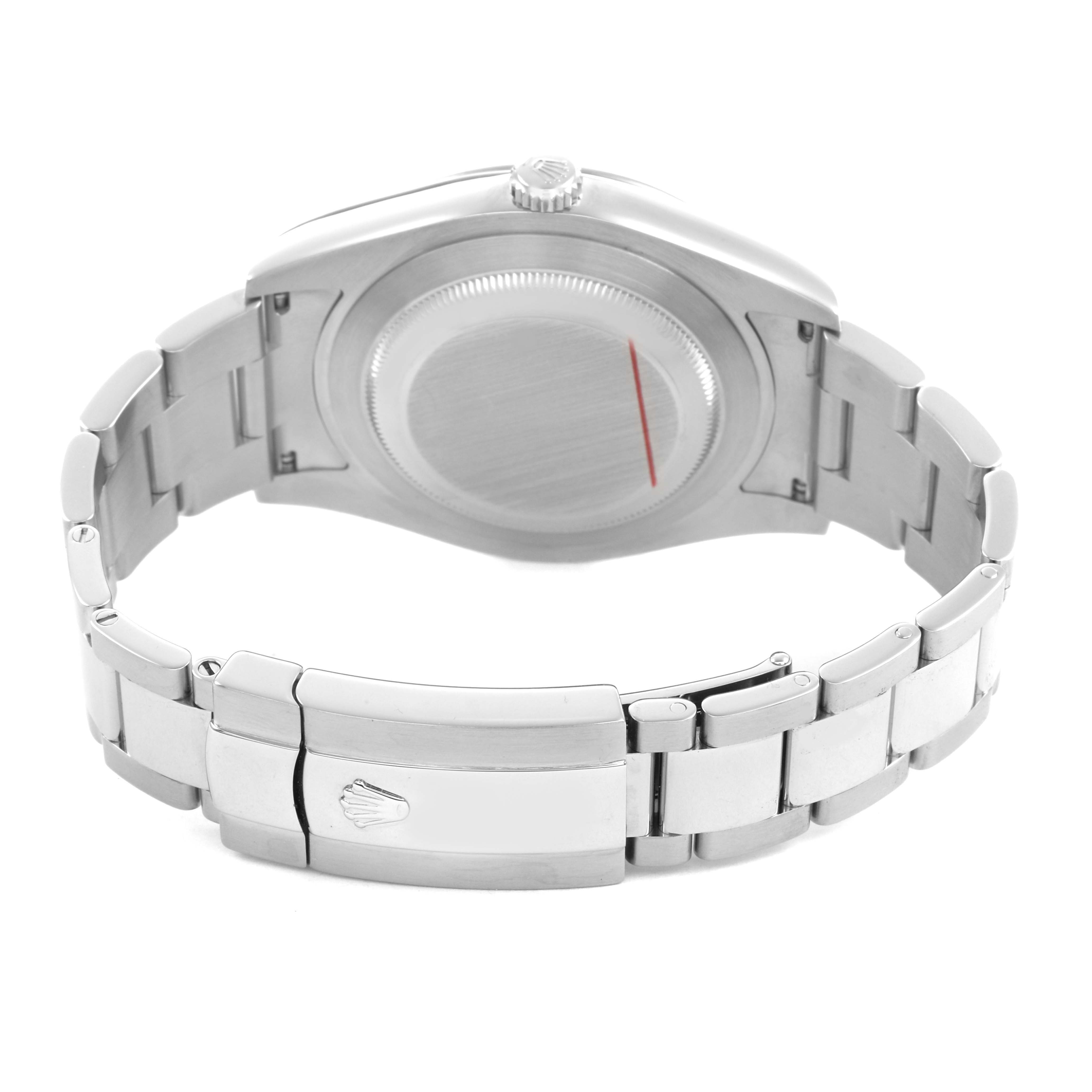 The image shows the back and clasp of a Rolex Datejust 41 116334 Men's Stainless Steel Blue Dial, highlighting the case back and bracelet.