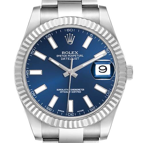 The Rolex Datejust 41 116334 Men's Stainless Steel Blue Dial is shown from a front view, highlighting its blue dial, fluted bezel, and the date window at 3 o'clock.