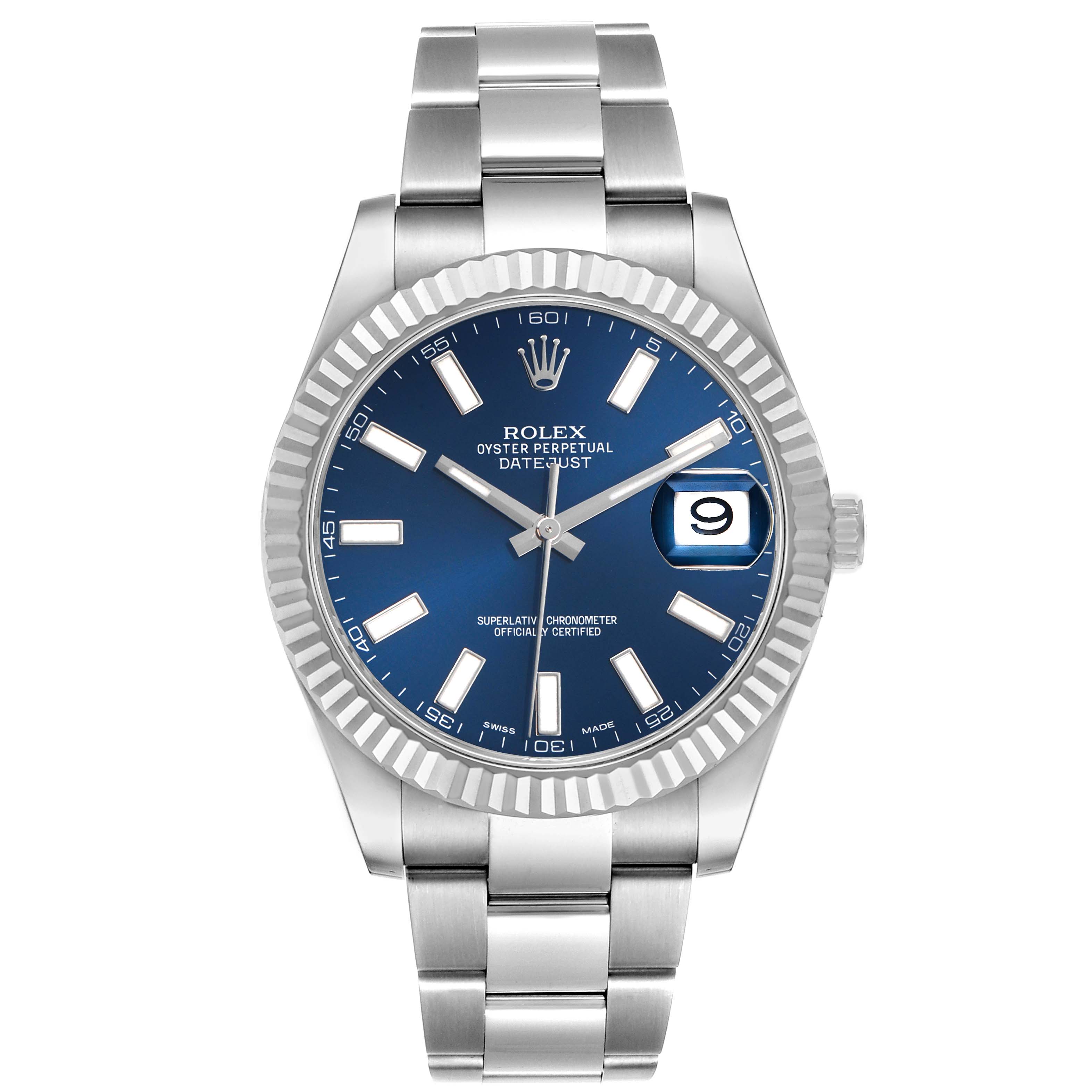 The image shows a front view of a Rolex Datejust 41 116334 Men's Stainless Steel Blue Dial, highlighting its blue dial, fluted bezel, and metal bracelet.