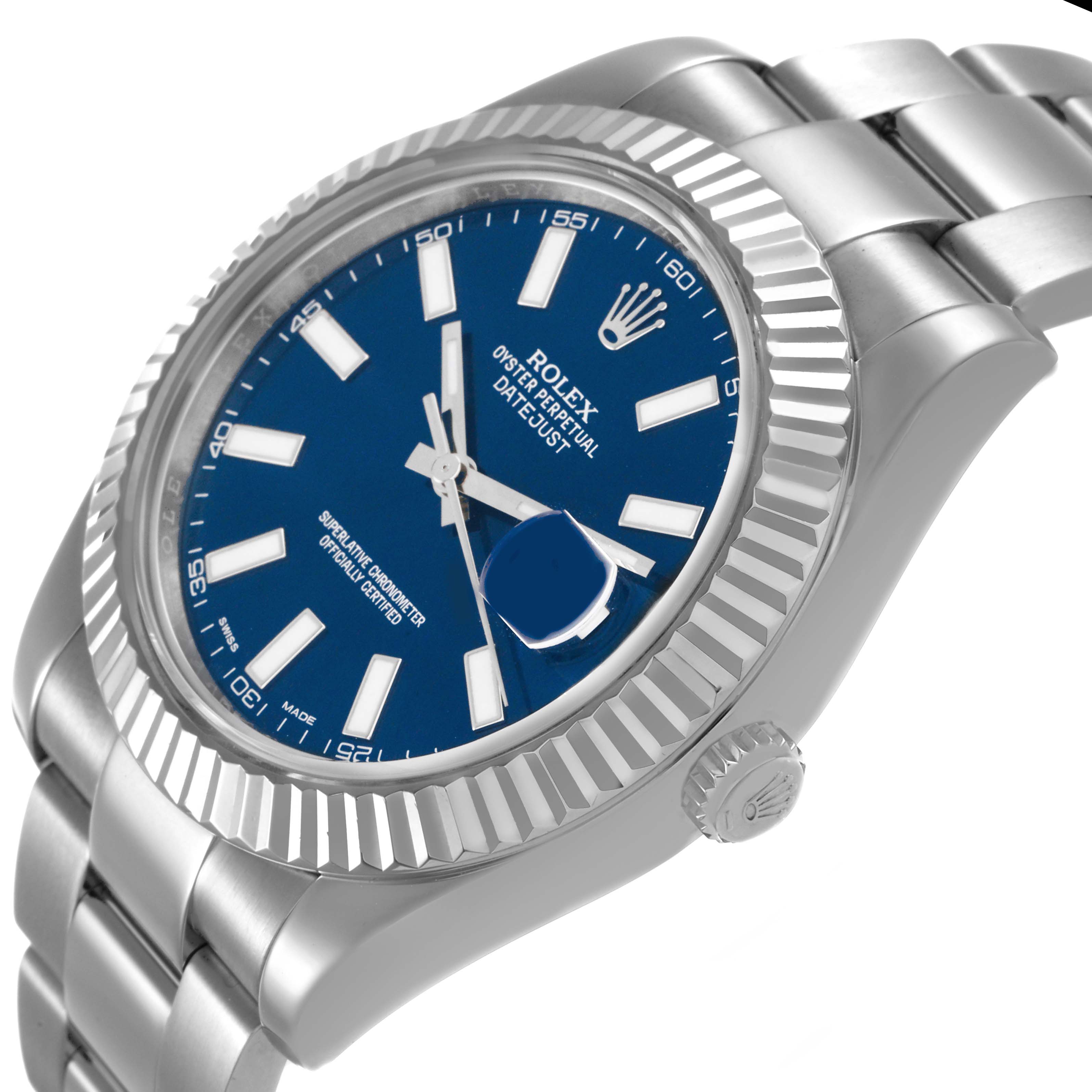 The Rolex Datejust 41 116334 Men's Stainless Steel Blue Dial is shown at an angled close-up, highlighting the blue dial, fluted bezel, and part of the bracelet.