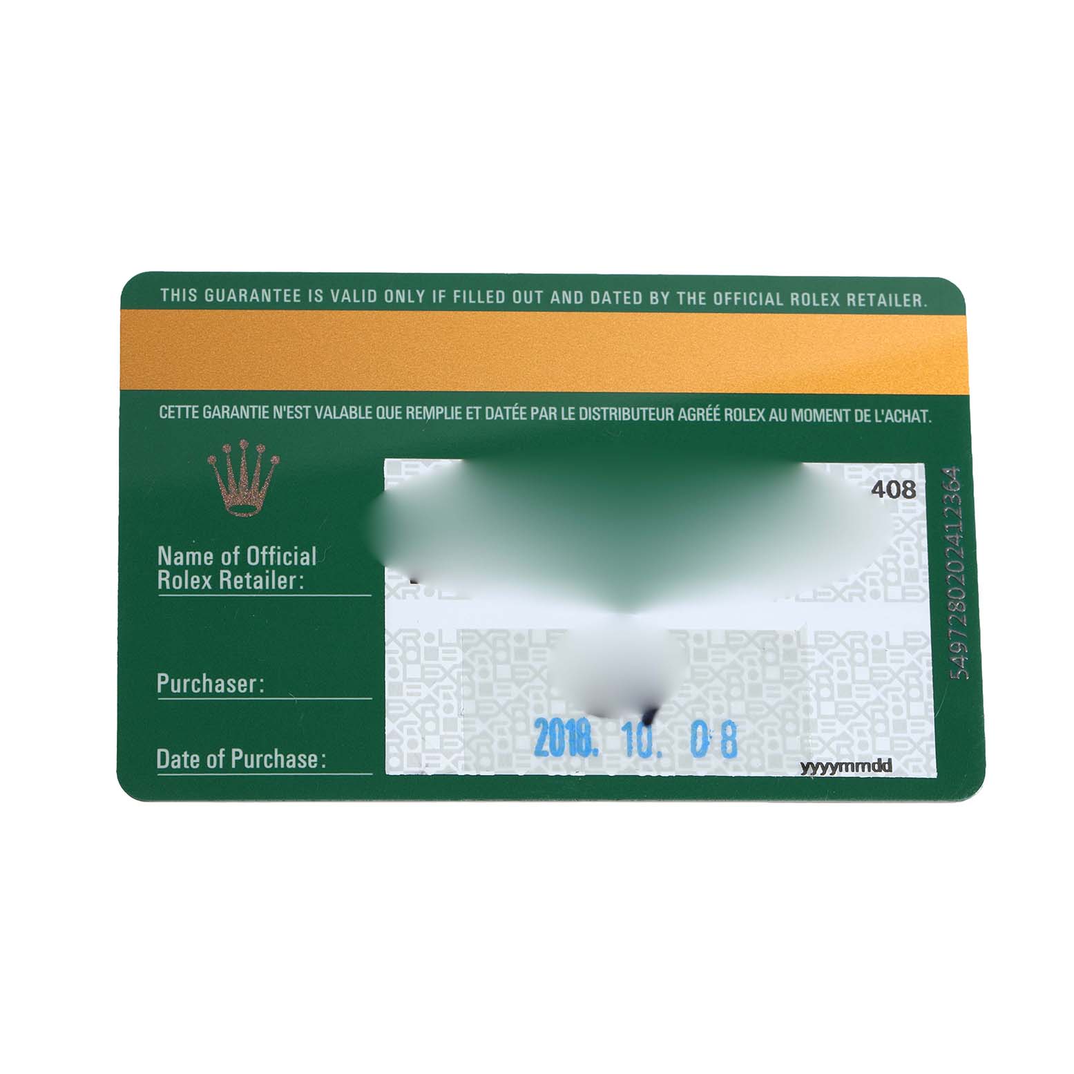 The image shows a warranty card for a Mid-Size Rolex watch.