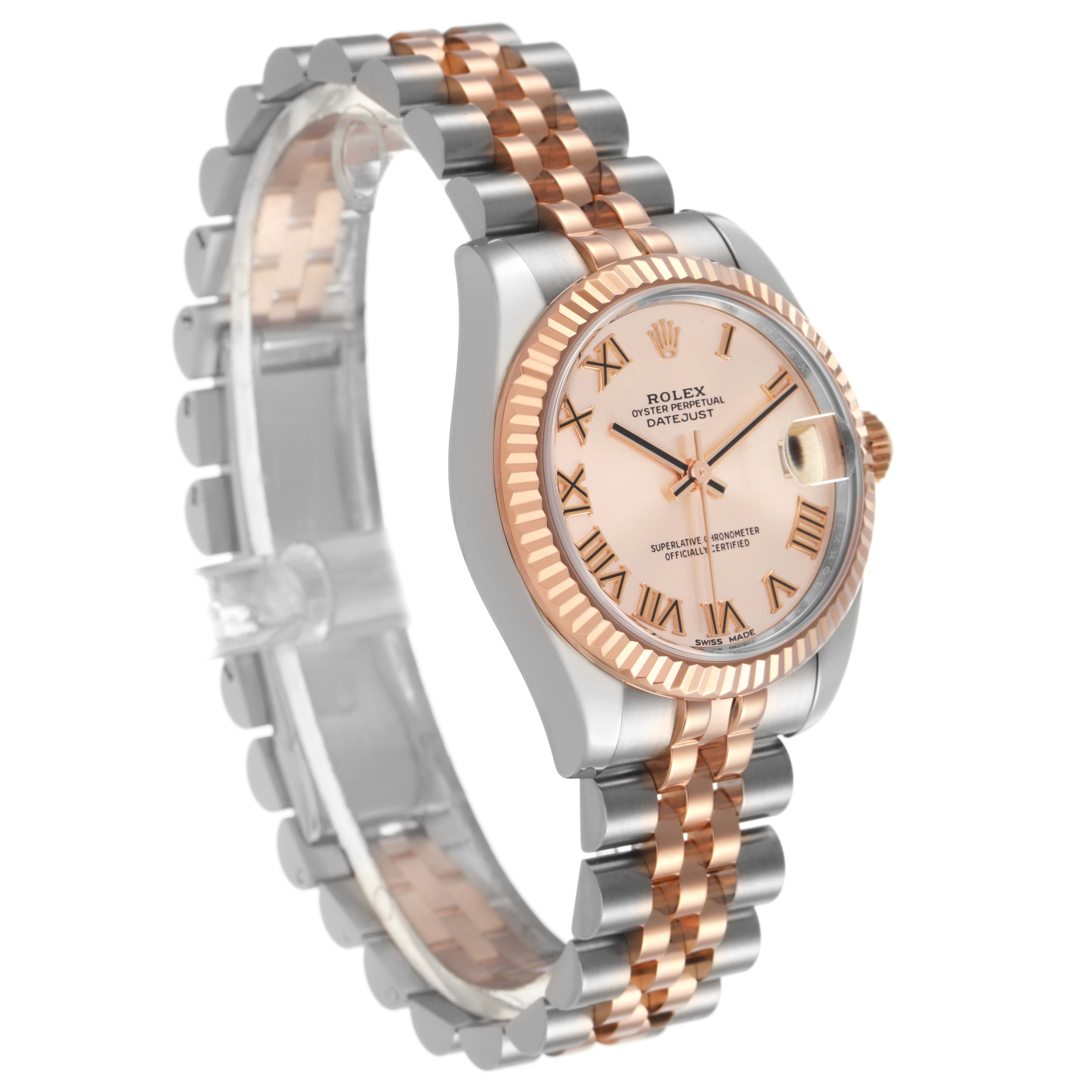 The Rolex Mid-Size 178271 Women's Steel and Gold (two tone) Pink Dial watch is shown at a three-quarter angle displaying its rose gold and steel bracelet and fluted bezel.