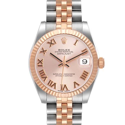 The Rolex Mid-Size 178271 Women's Steel and Gold (two tone) Pink Dial watch is shown from the front, highlighting the dial, bezel, and two-tone bracelet.
