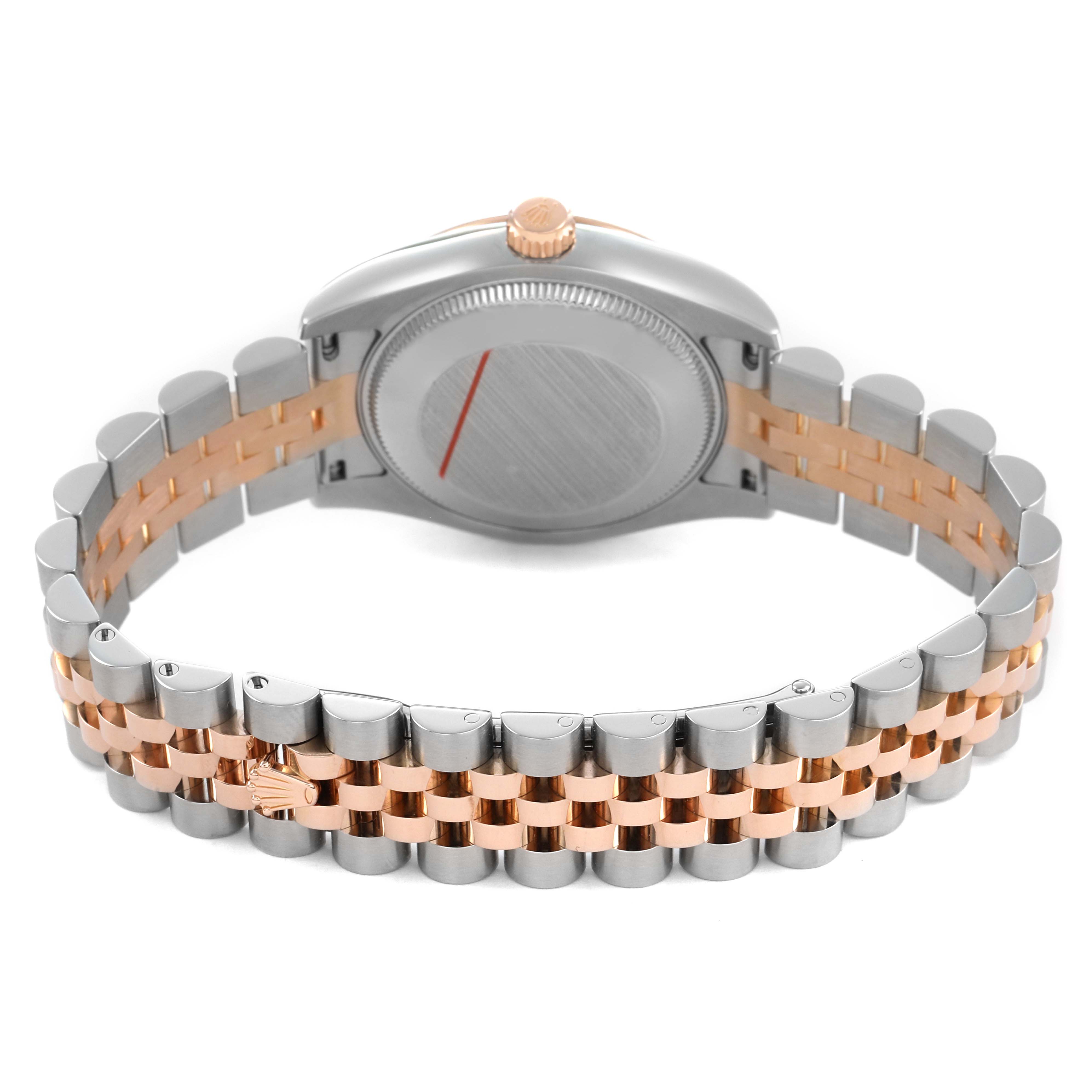 The image shows the back and bracelet of a Rolex Mid-Size 178271 Women's Steel and Gold (two tone) Pink Dial watch, featuring a two-tone metal design and a closed clasp.