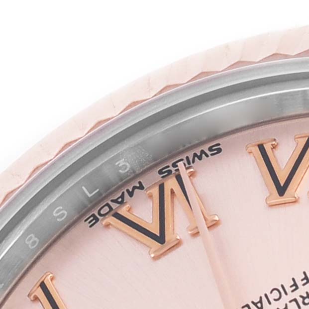 The image shows a close-up of the Rolex Mid-Size 178271 Women's Steel and Gold (two tone) Pink Dial watch face, focusing on the Roman numeral VI and text "SWISS MADE."