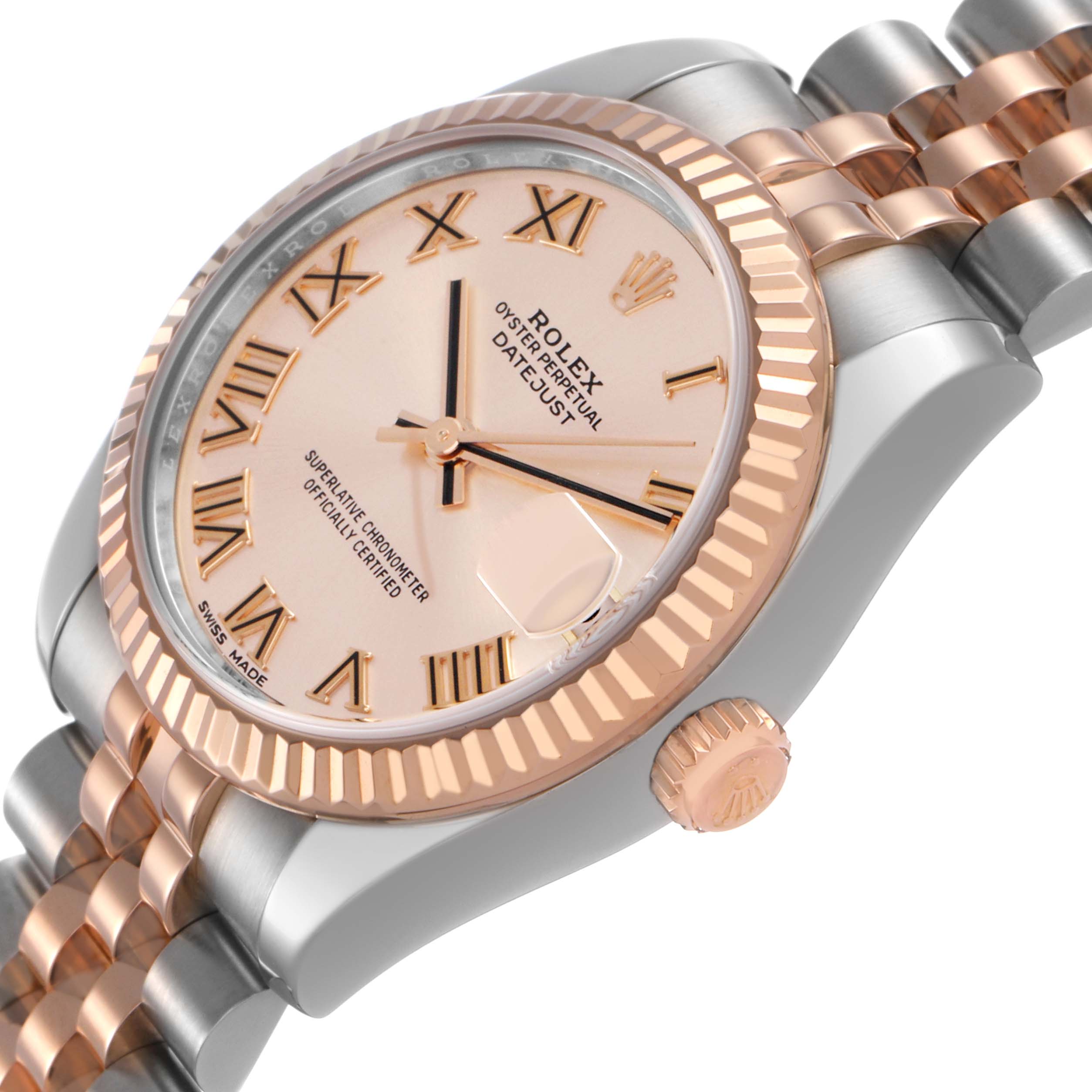 The Rolex Mid-Size 178271 Women's Steel and Gold (two tone) Pink Dial watch is shown at an angled side view, highlighting the bezel, crown, and partial bracelet.