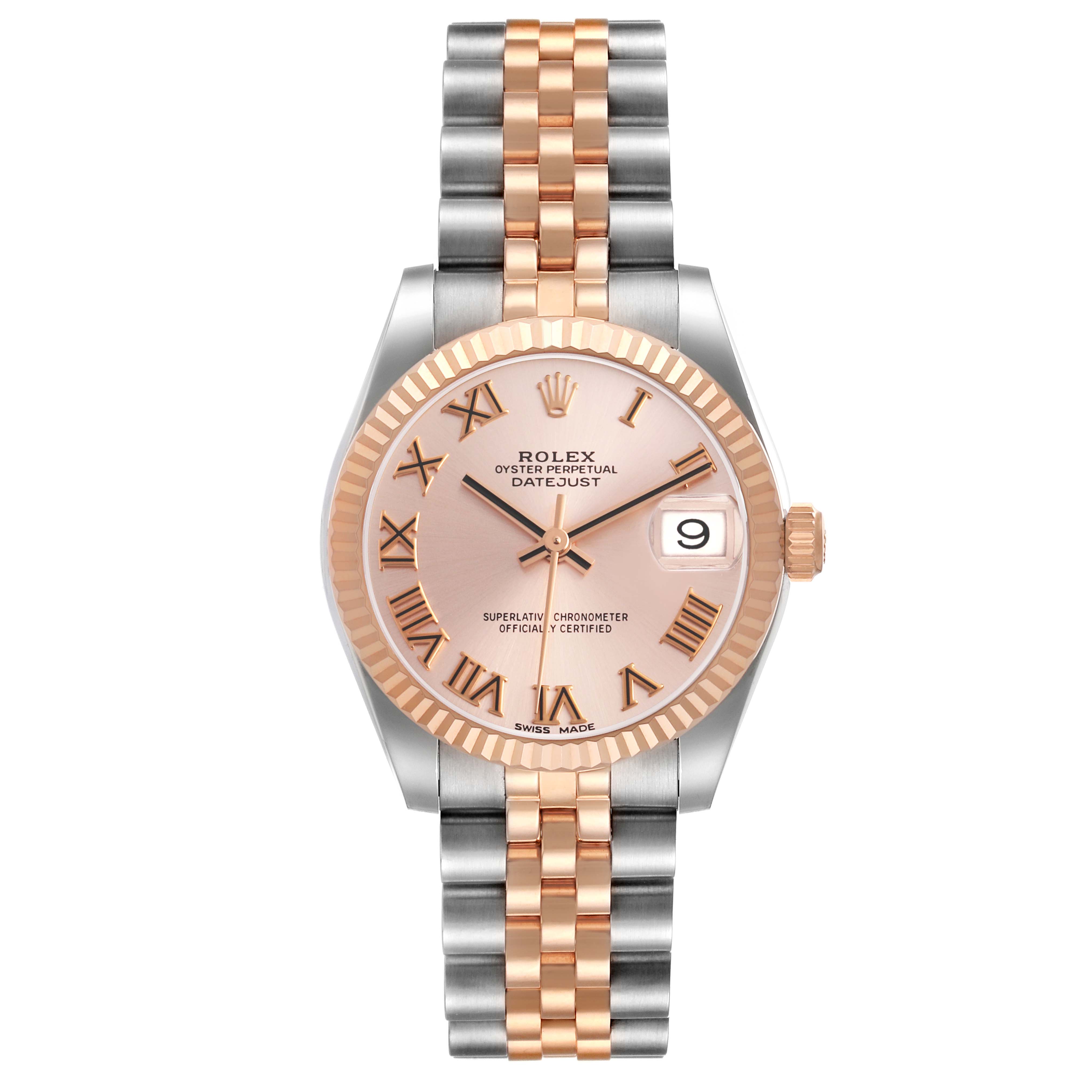 The Rolex Mid-Size 178271 Women's Steel and Gold (two tone) Pink Dial Datejust is shown from the front, highlighting its dial, bezel, crown, and two-tone bracelet.