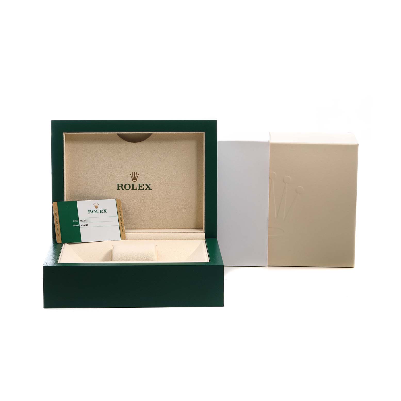 The image shows a Rolex watch box with a guarantee card, viewed from the front.