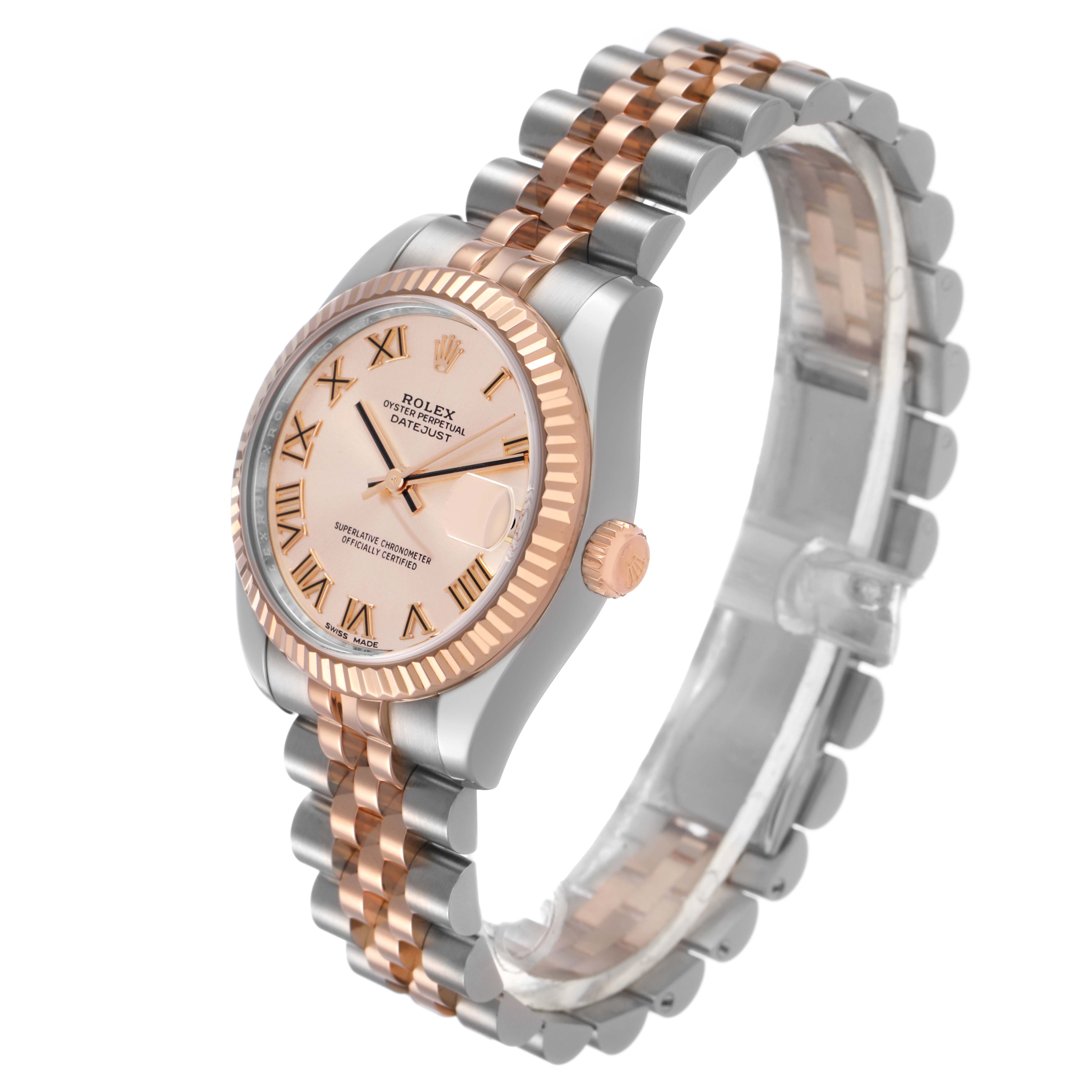 The Rolex Mid-Size 178271 Women's Steel and Gold (two tone) Pink Dial watch is angled to show the face, bezel, crown, and part of the bracelet.