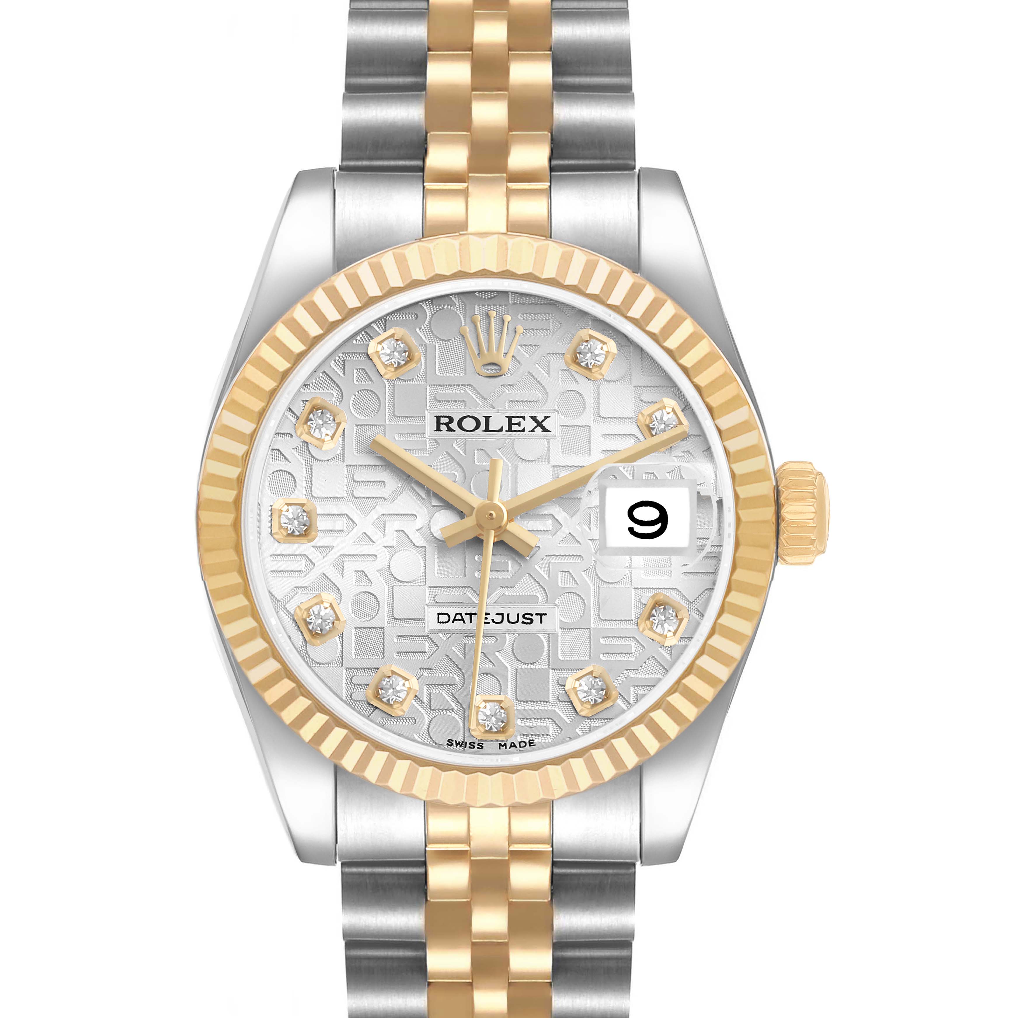 The Rolex Mid-Size 178273 Women's Steel and Gold (two tone) Silver Dial watch is shown from the front, highlighting the dial, gold bezel, bracelet, and date window.