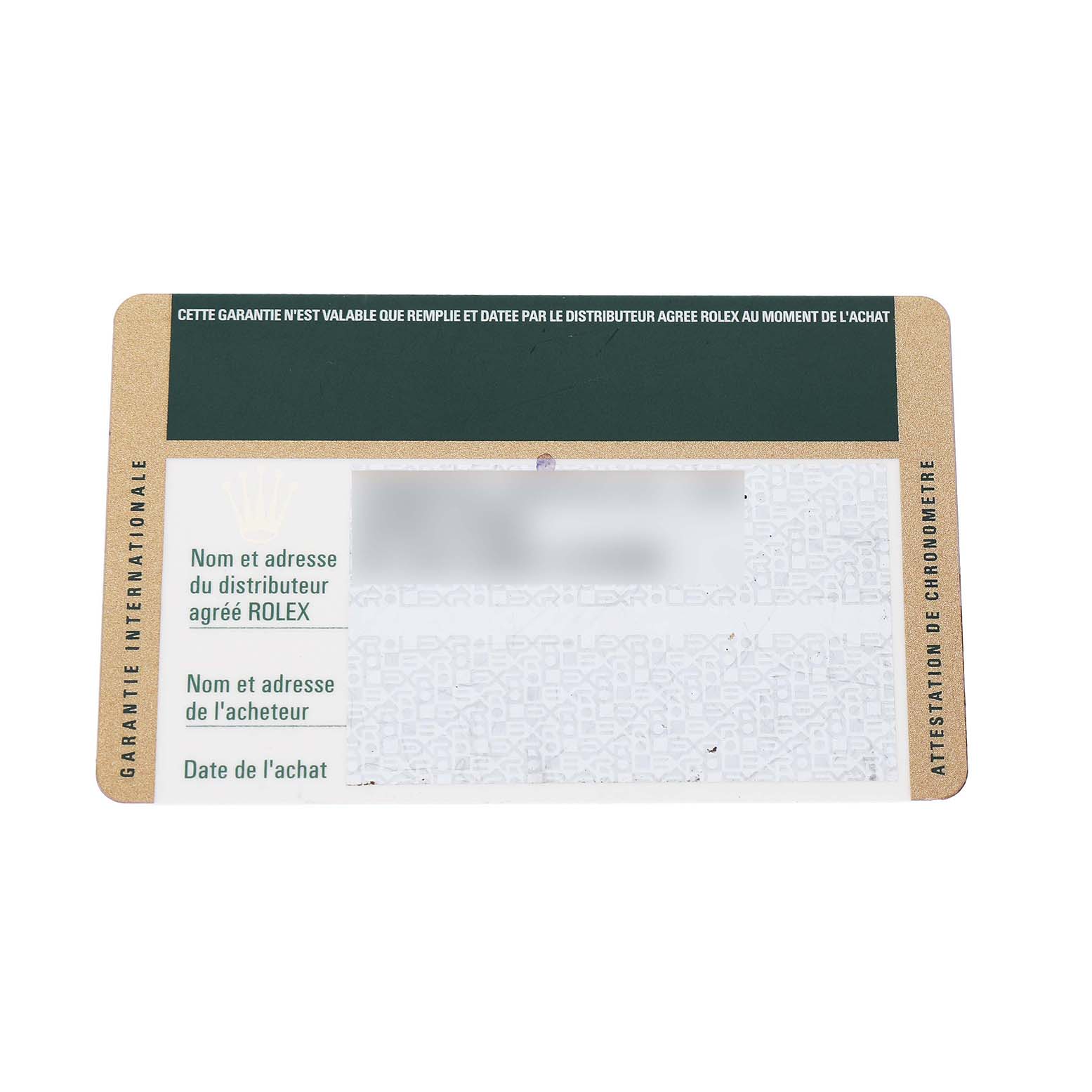 The image shows a Rolex warranty card for a Mid-Size model, highlighting purchase and distributor details.