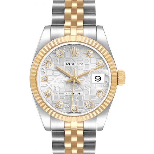 The Rolex Datejust Mid-Size is shown from a front angle, emphasizing the two-tone bracelet, dial, bezel, and date window.